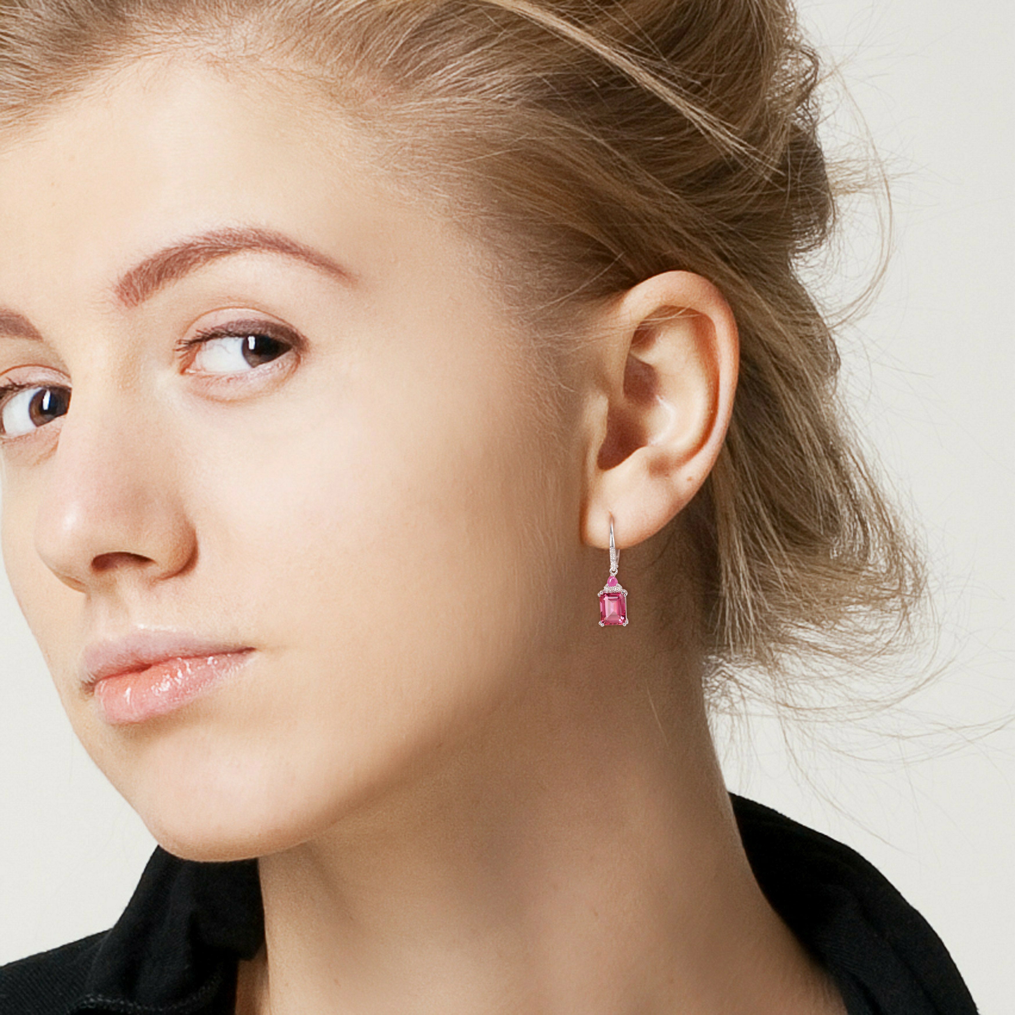 Pink topaz and ruby drop earrings worn, lifestyle view by Lord & Taylor