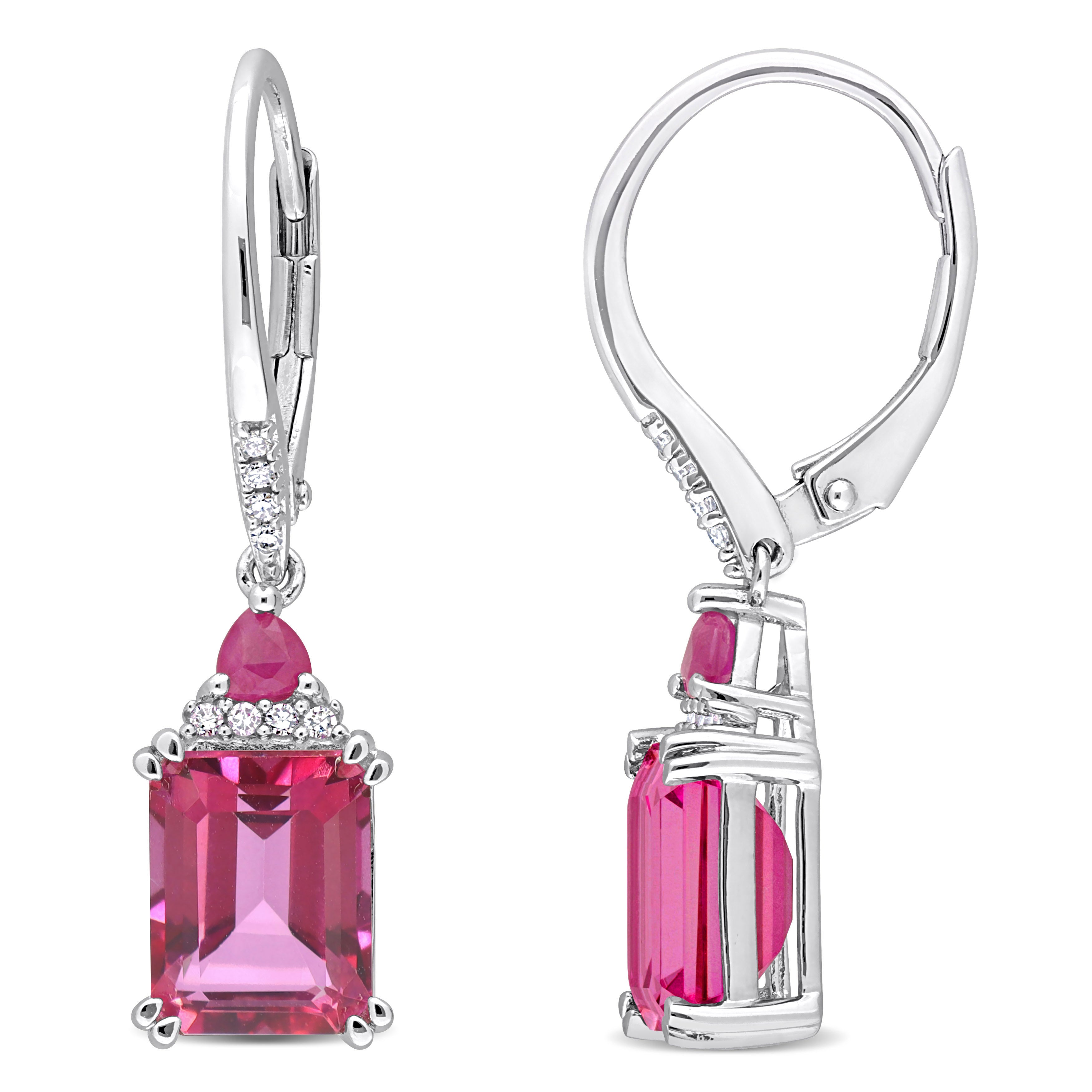 Pink topaz and ruby drop earrings in sterling silver by Lord & Taylor, front view