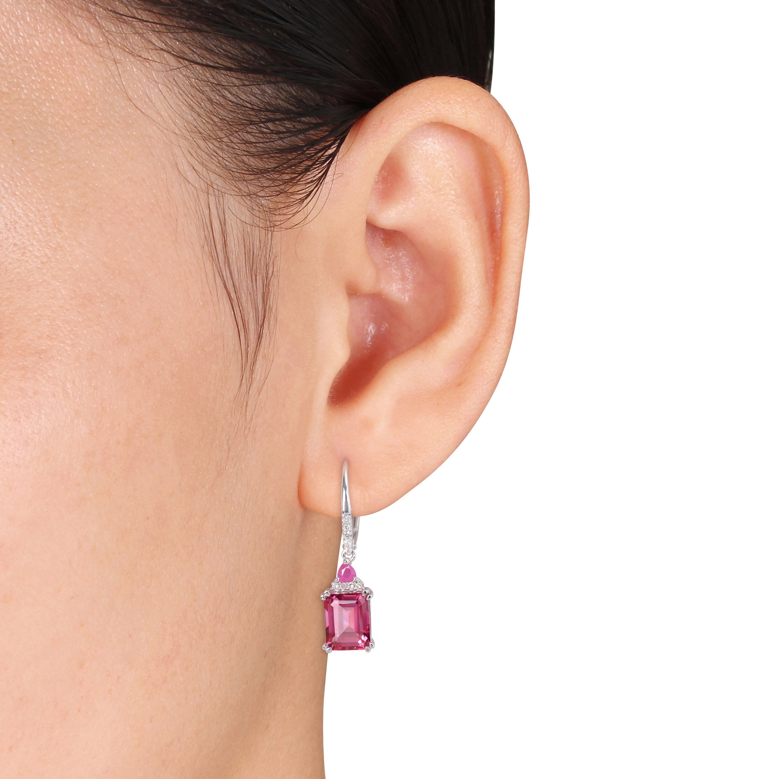 Sterling silver drop earrings with pink topaz and ruby, side angle by Lord & Taylor