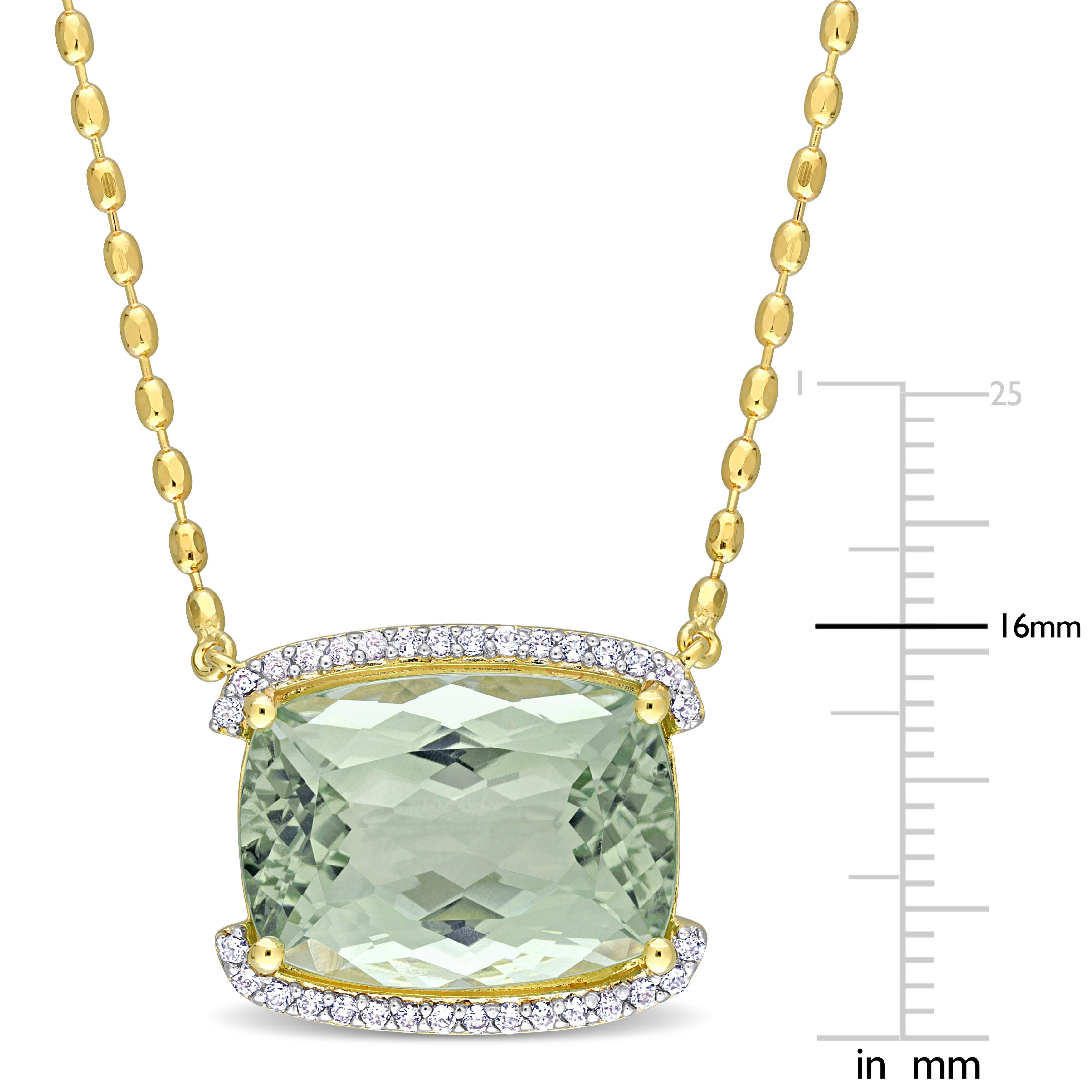Close-up of green quartz centerstone with semi-halo of 32 white topaz gemstones by Lord & Taylor