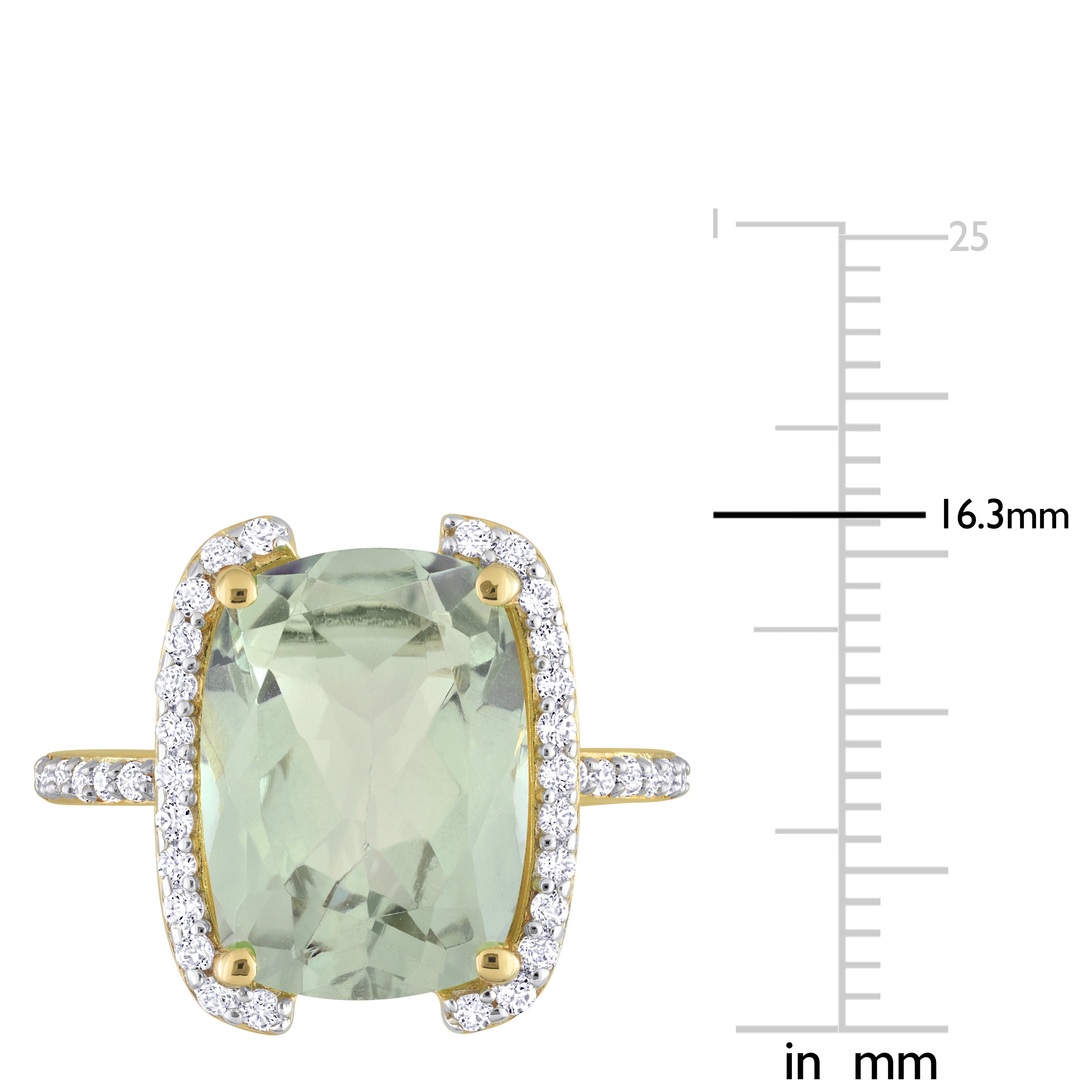 Cushion-cut green quartz center stone close-up with prong setting by Lord & Taylor