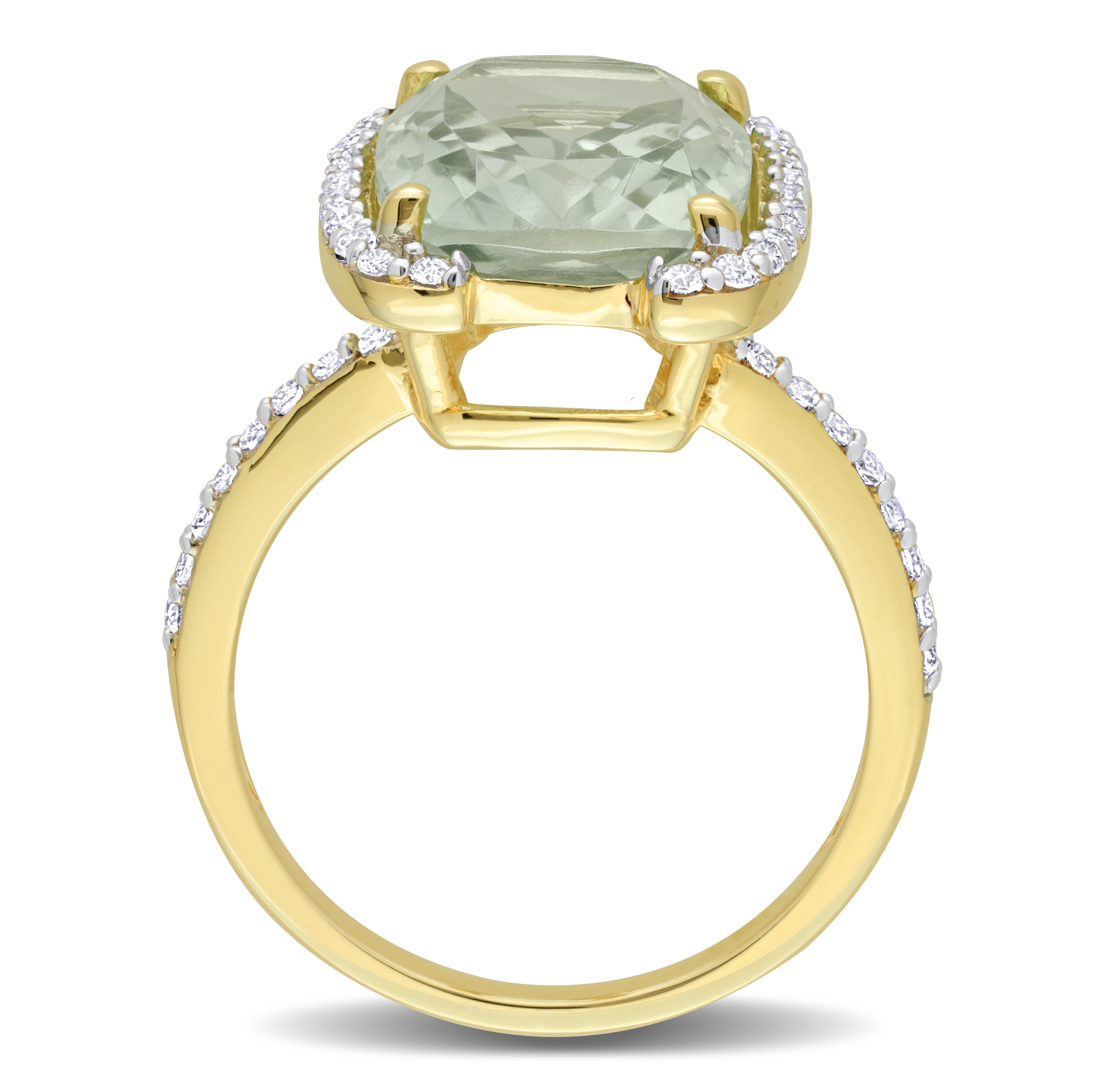 Yellow plated sterling silver ring with cushion-cut green quartz, angled view by Lord & Taylor