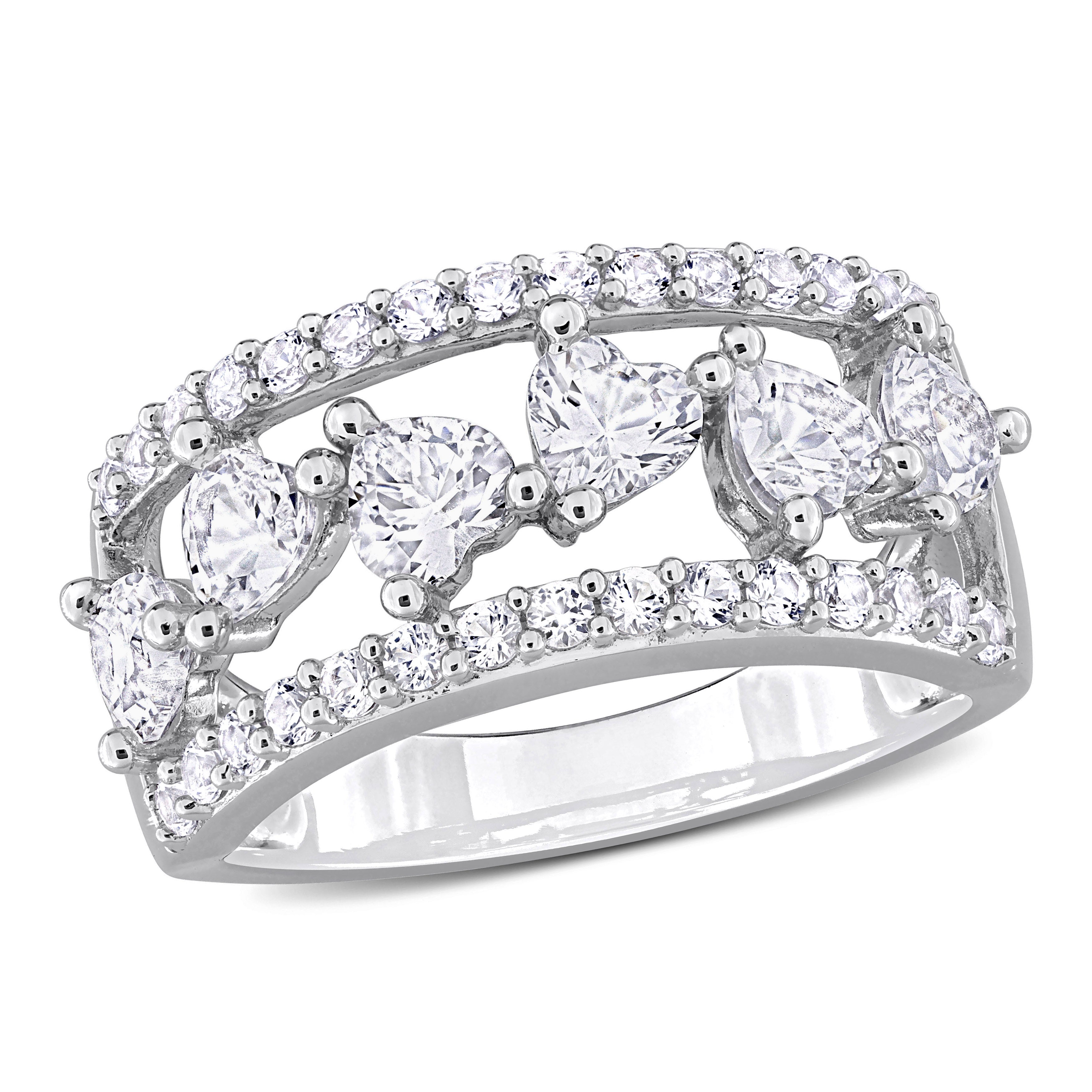 White sapphire heart ring in sterling silver with open design, front view by Lord & Taylor