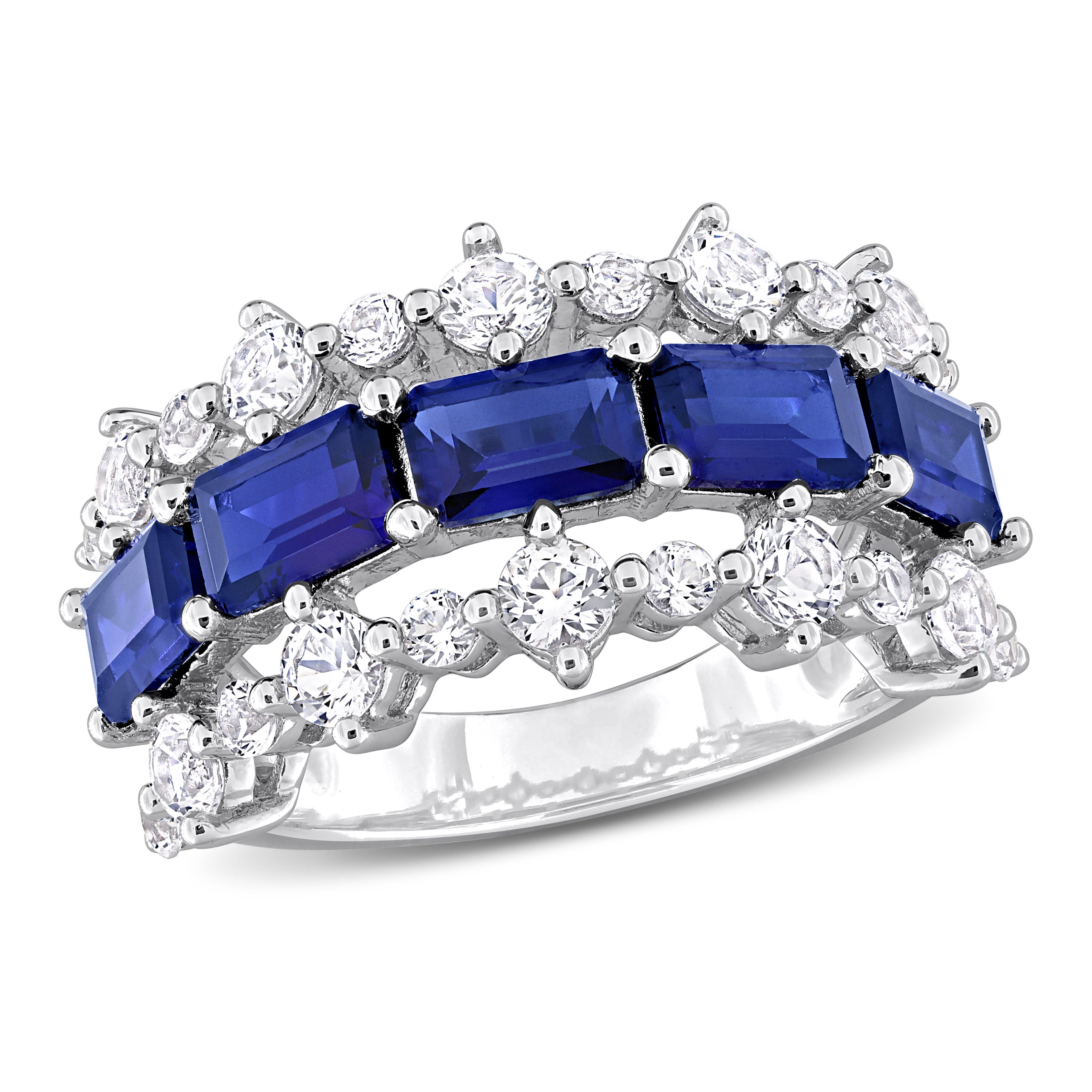 Blue and white sapphire three-row ring in sterling silver, top view by Lord & Taylor