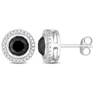 White gold diamond stud earrings with black center stones and white halo, product view