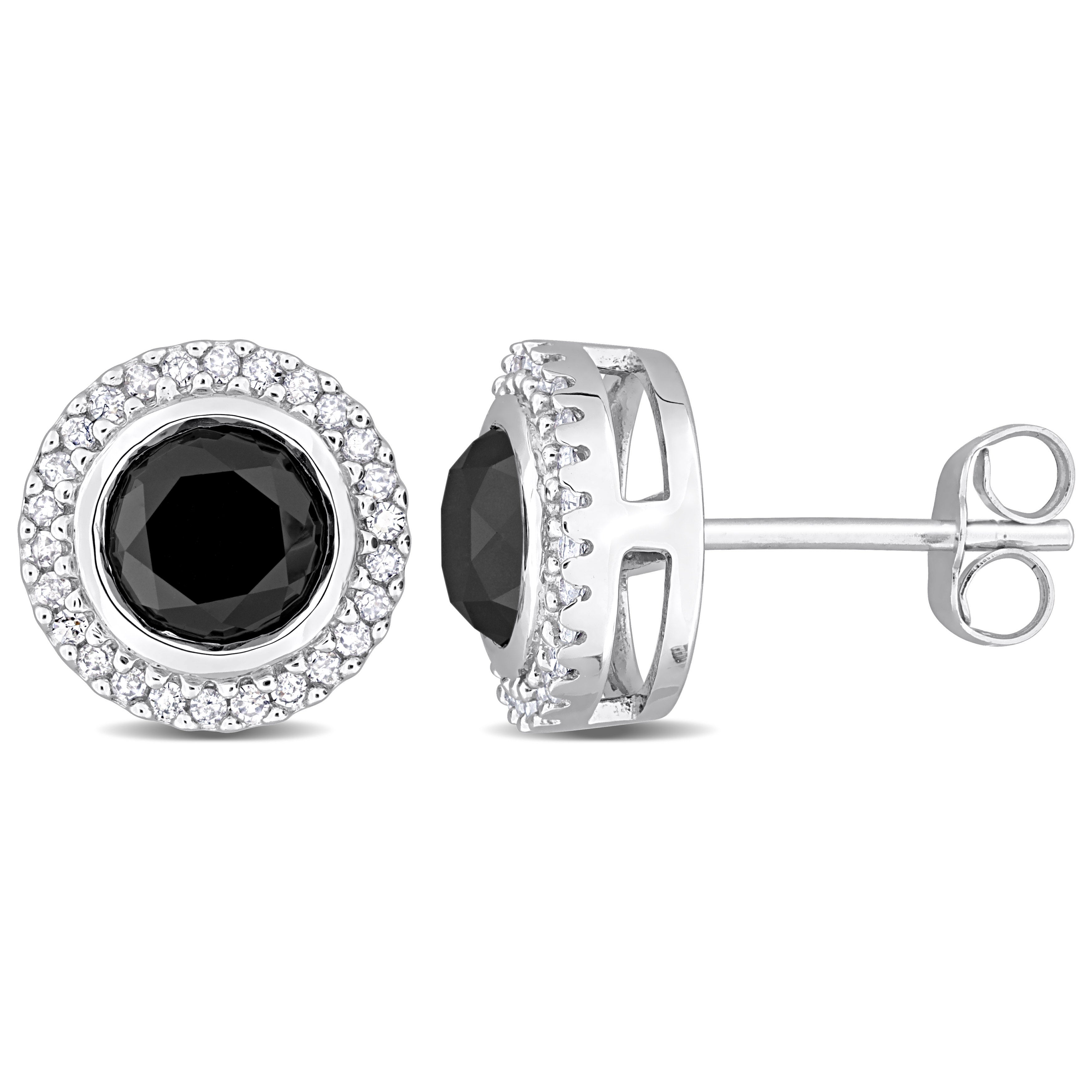 White gold diamond stud earrings with black center stones and white halo, product view