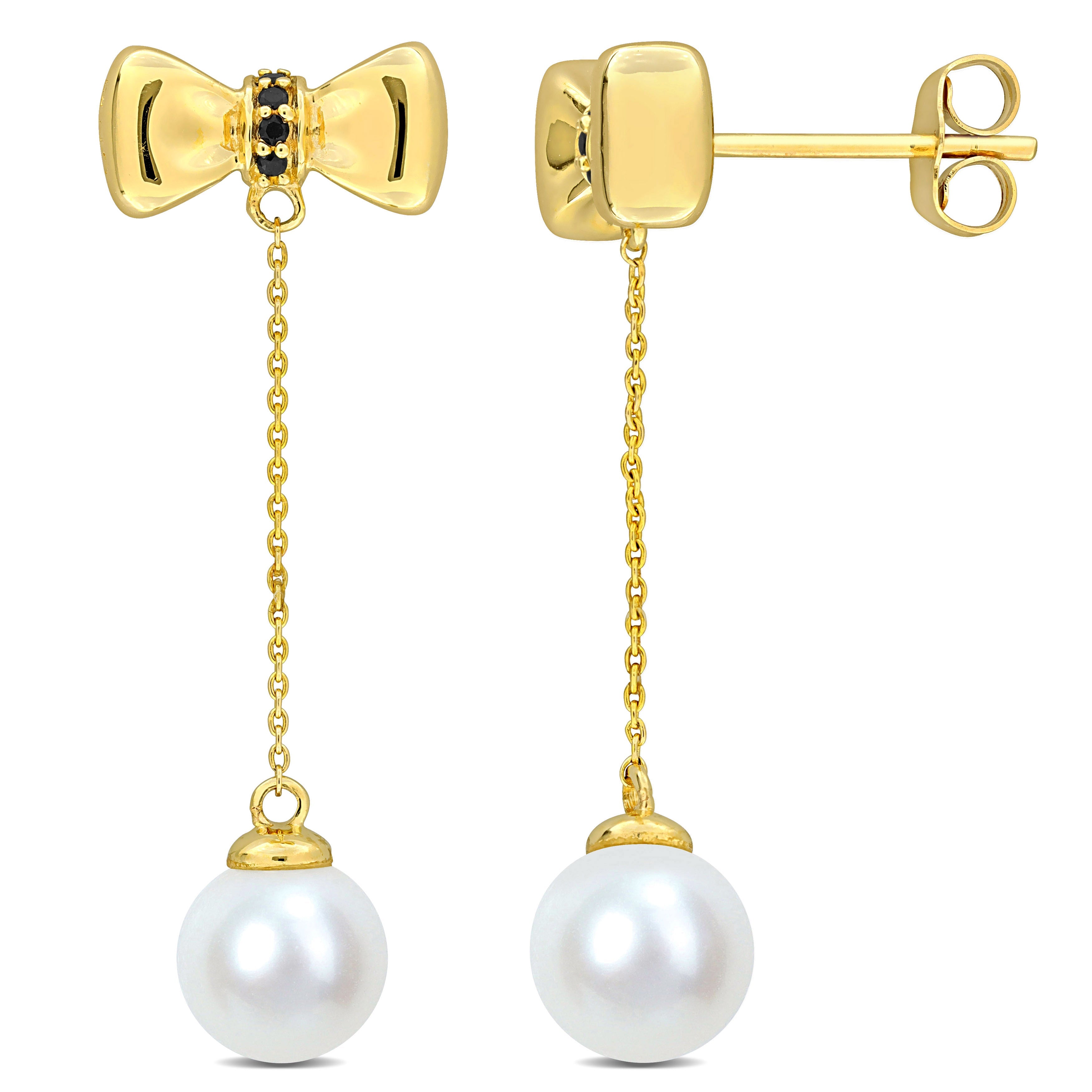 Cultured Freshwater Pearl & Sapphire Bow Tie Dangle Earrings in 10k Yellow Gold Jewelry Lord & Taylor