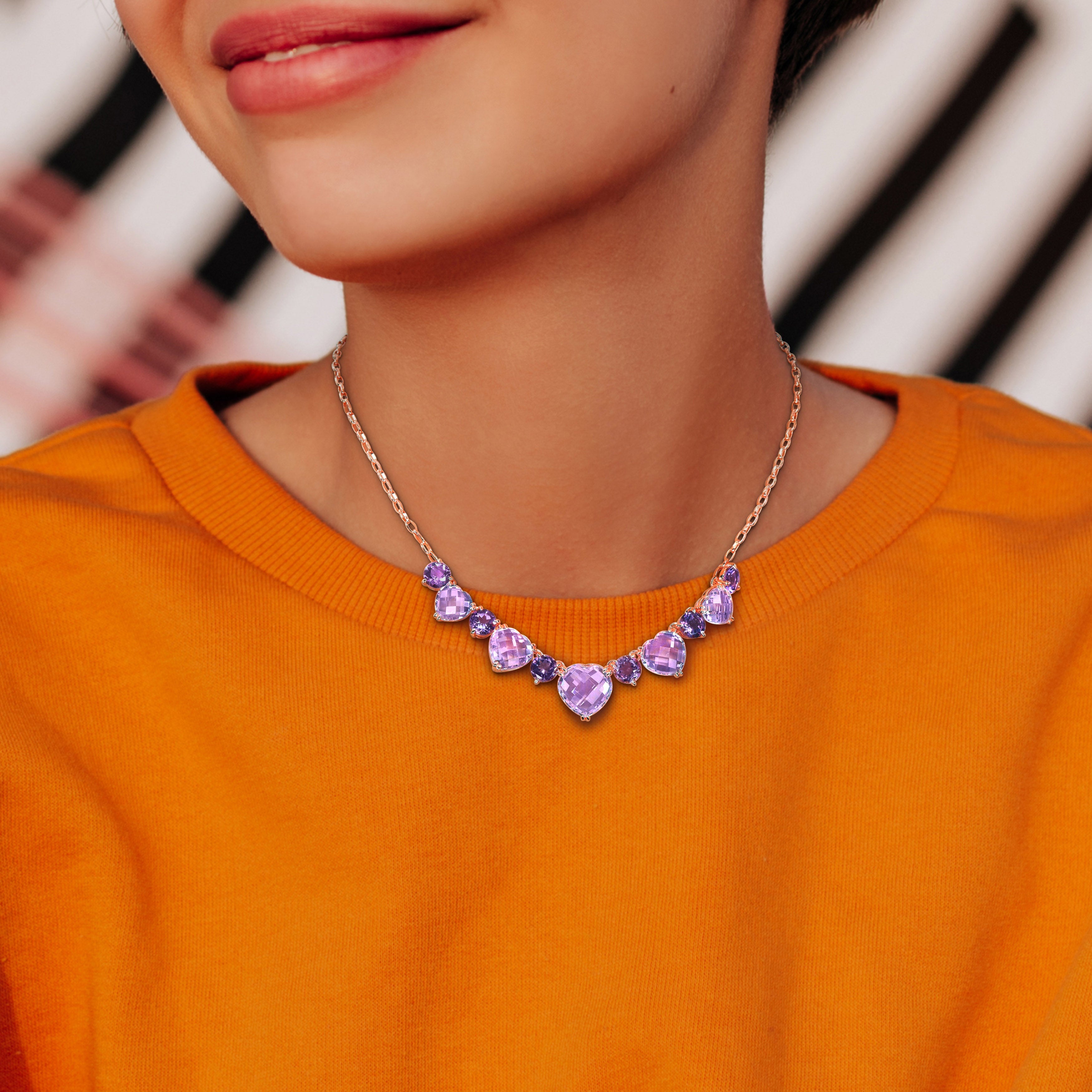Rose gold amethyst heart necklace worn, lifestyle view by Lord & Taylor