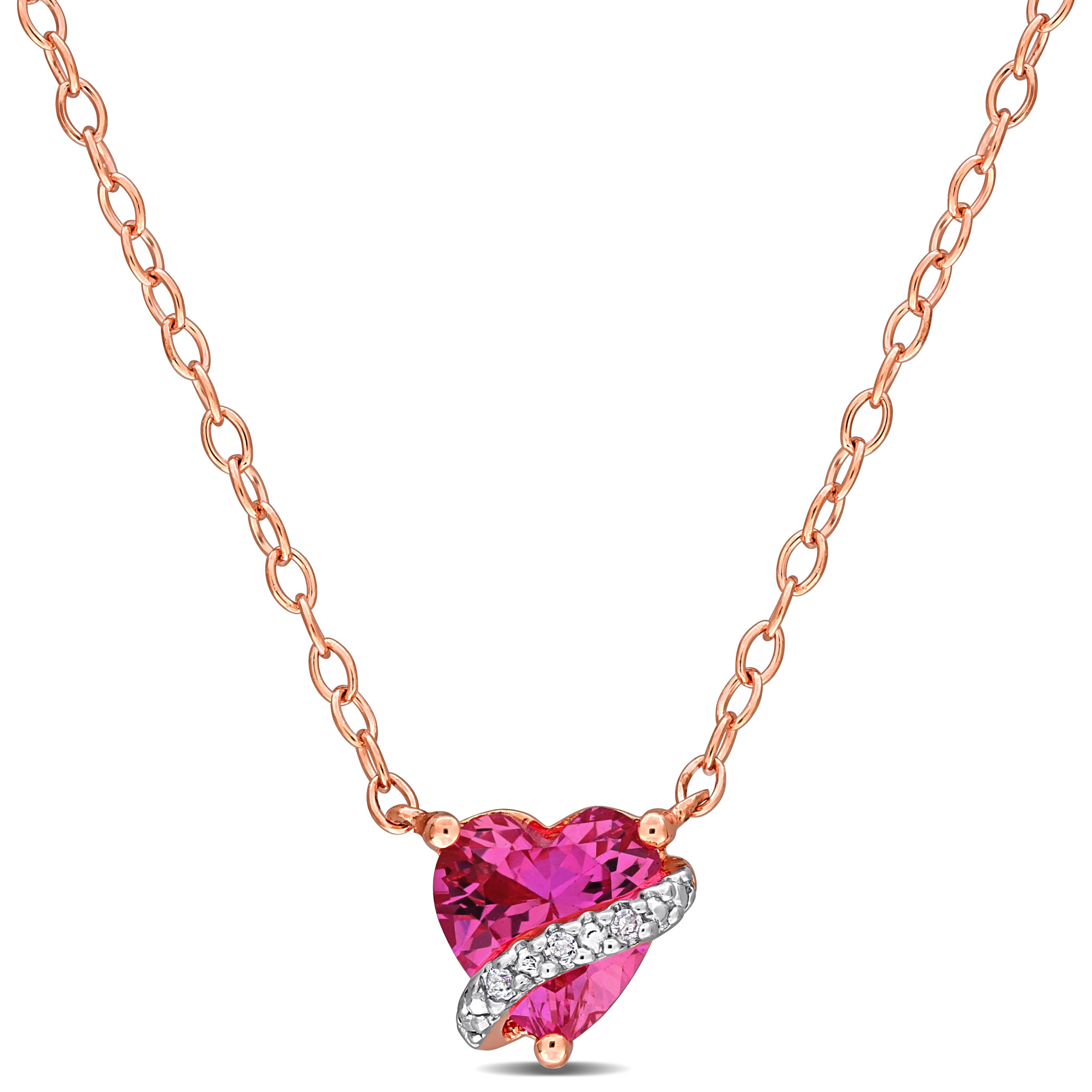 Rose-plated sterling silver heart pendant necklace with pink gemstone, front view by Delmar