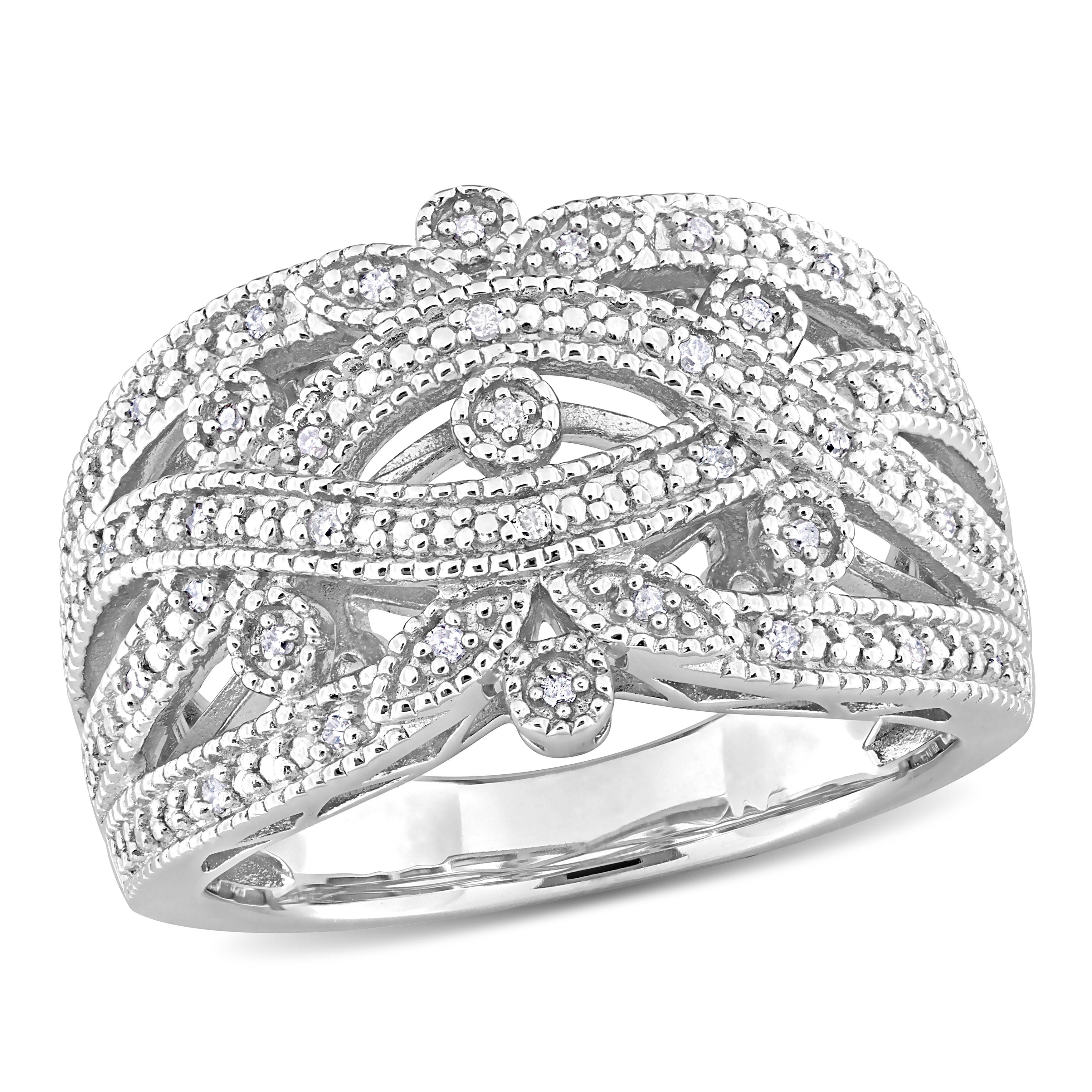 Sterling silver crisscross diamond ring with filigree detailing by Lord & Taylor, front view