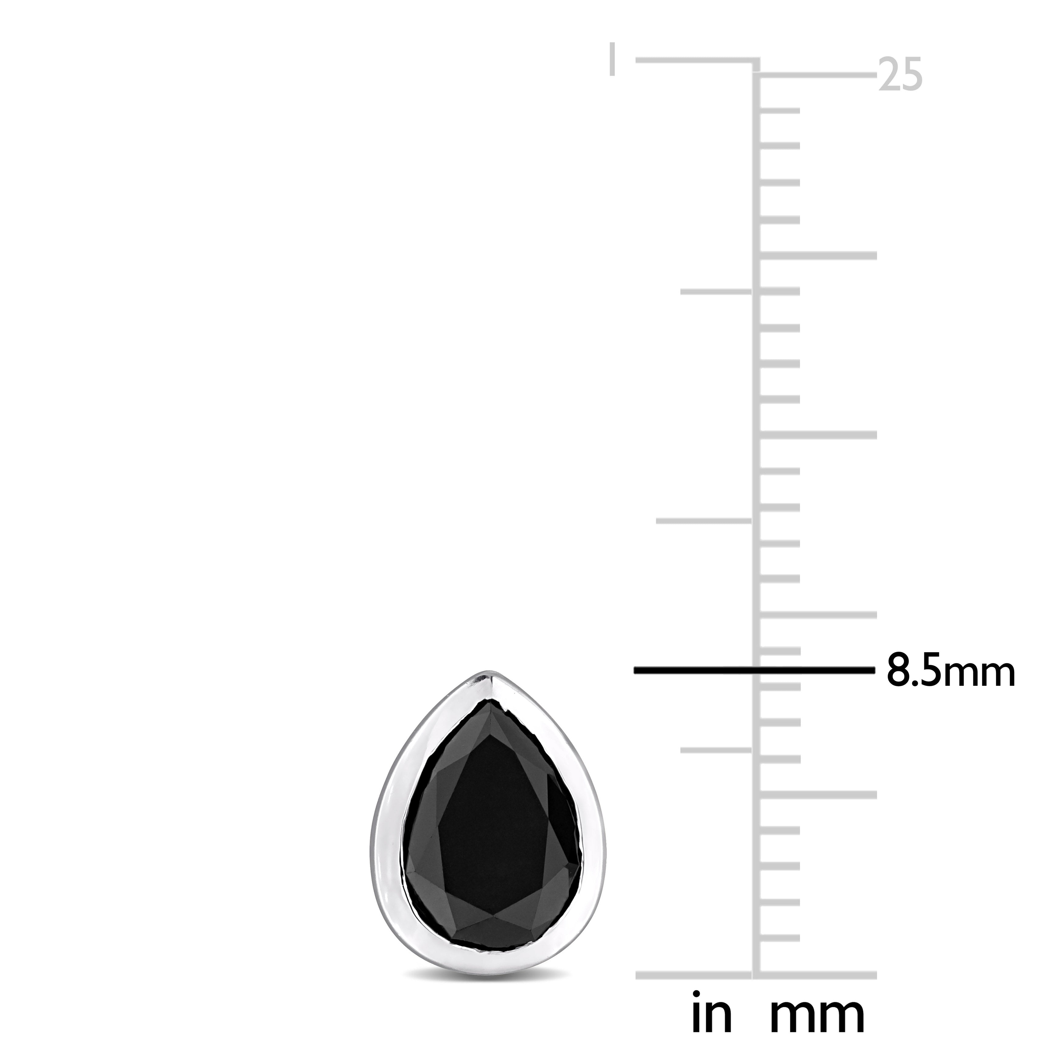 Black diamond pear stud earrings in 14k white gold by Delmar, close-up of bezel setting