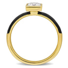 Yellow gold plated moissanite solitaire ring with black enamel band, diagonal view by Lord & Taylor