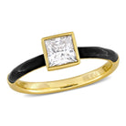 Yellow gold plated moissanite solitaire ring with black enamel band, front view by Lord & Taylor