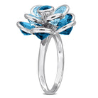Blue topaz flower ring in sterling silver, back view showing band