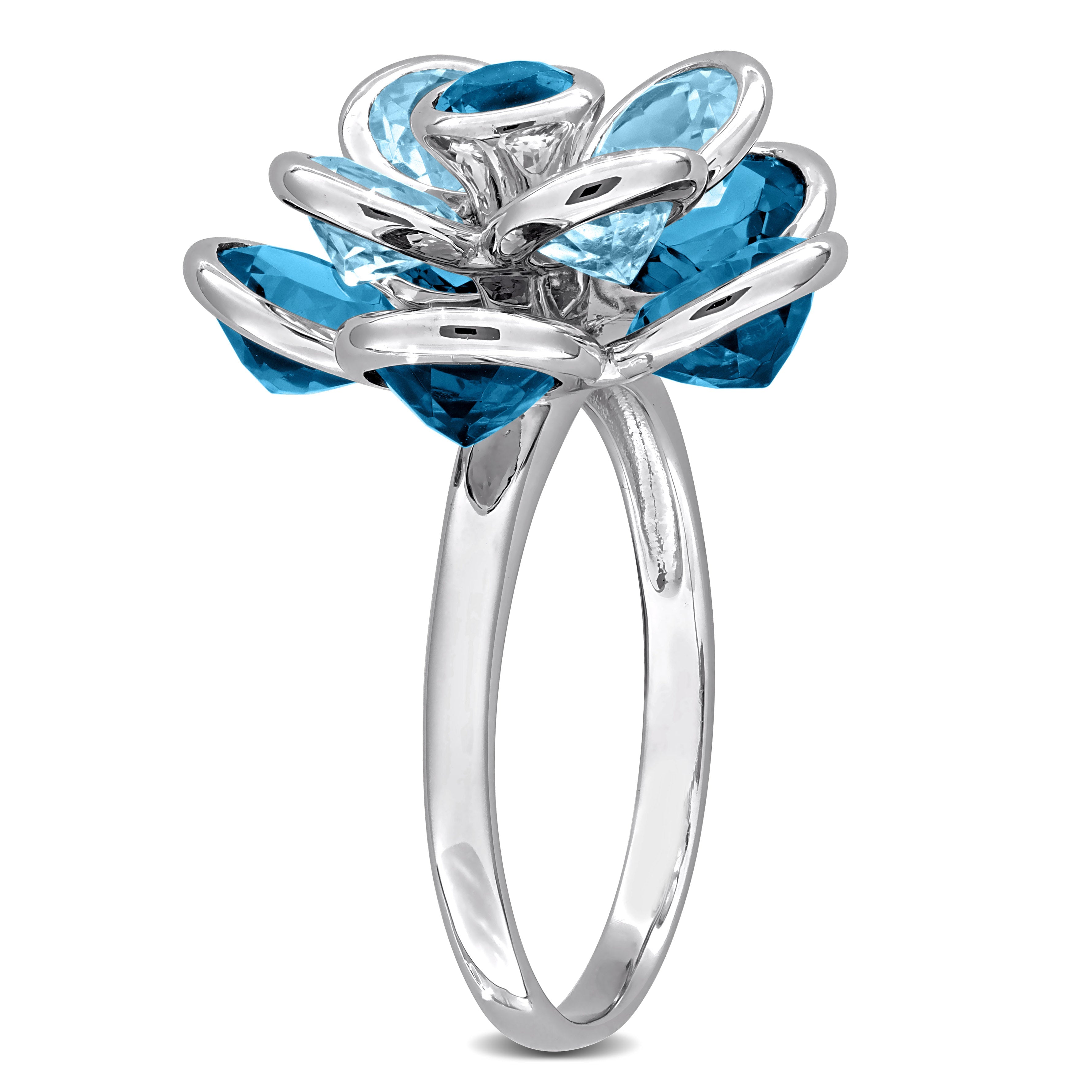 Blue topaz flower ring in sterling silver, back view showing band