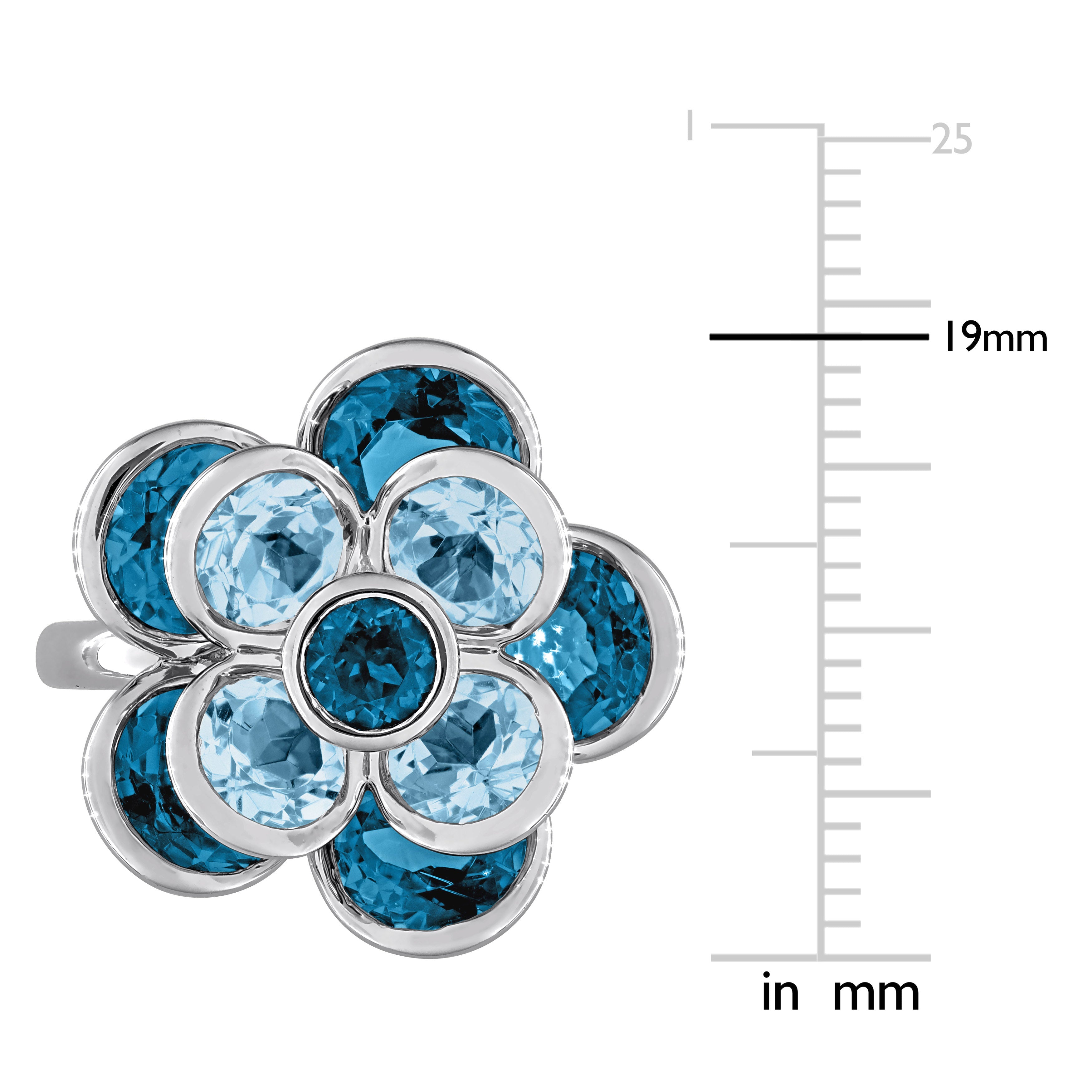London and sky blue topaz gemstones detail, close-up of floral setting