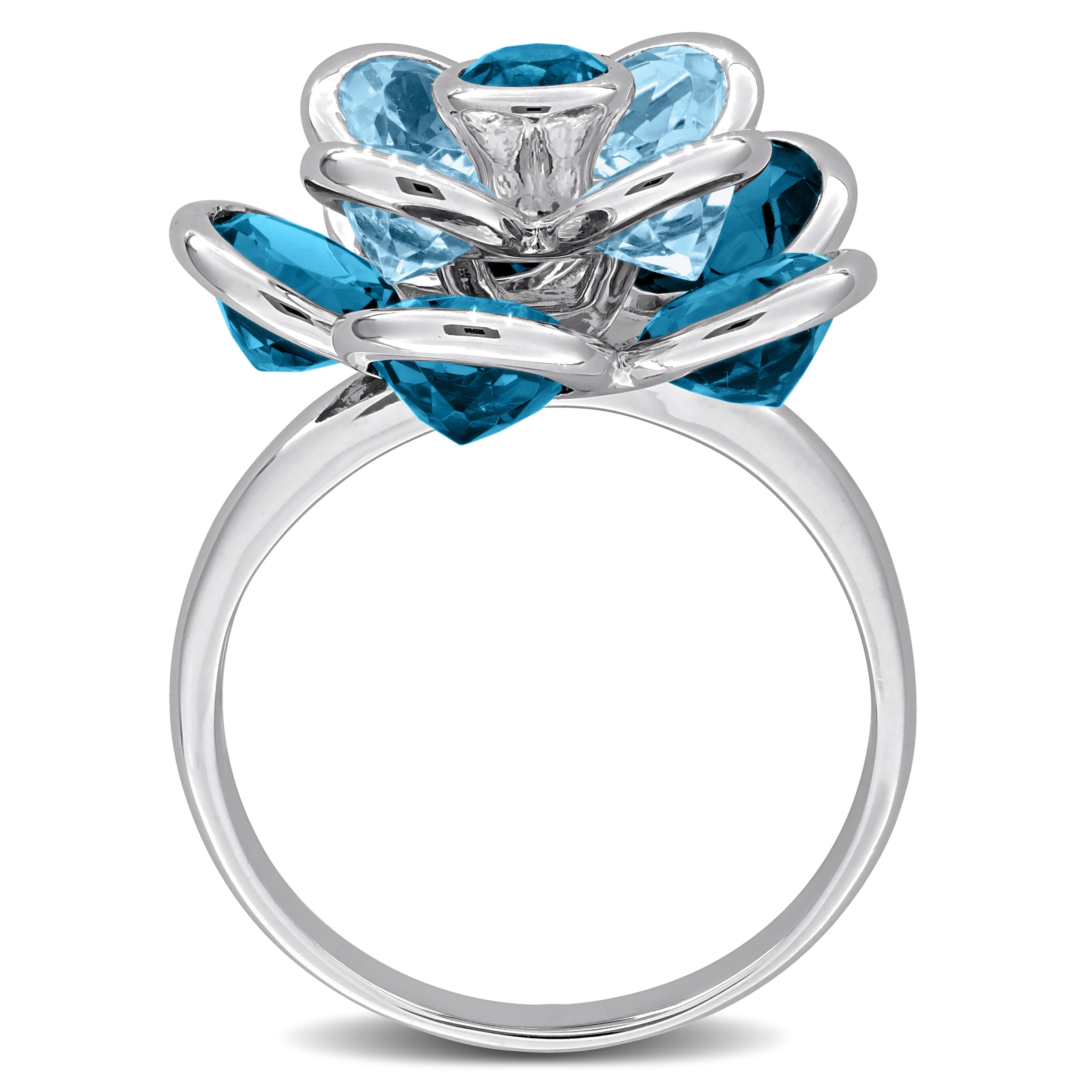 Blue topaz flower ring in sterling silver, diagonal angle view