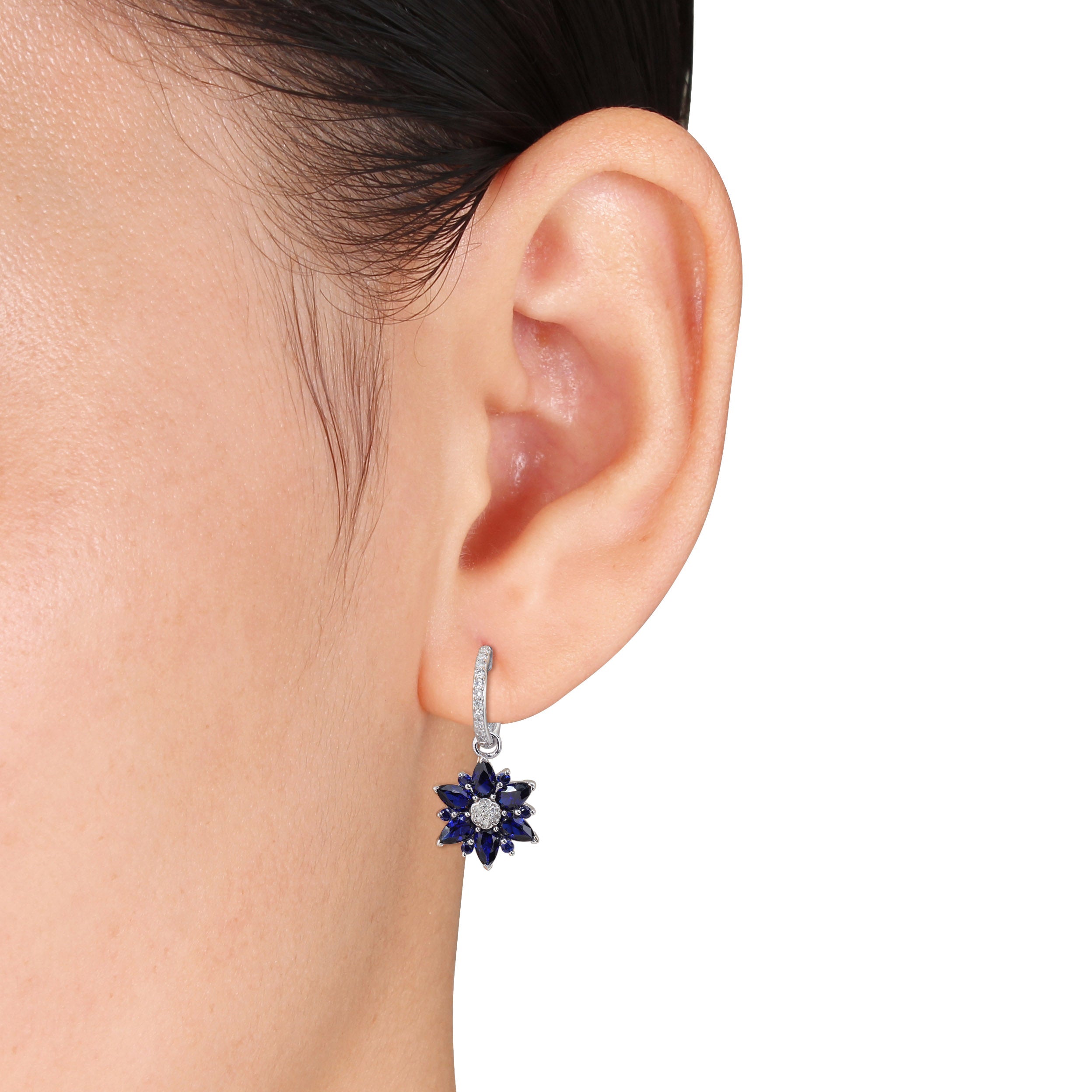 Sterling silver hoop earrings with sapphire flowers, side angle by Lord & Taylor