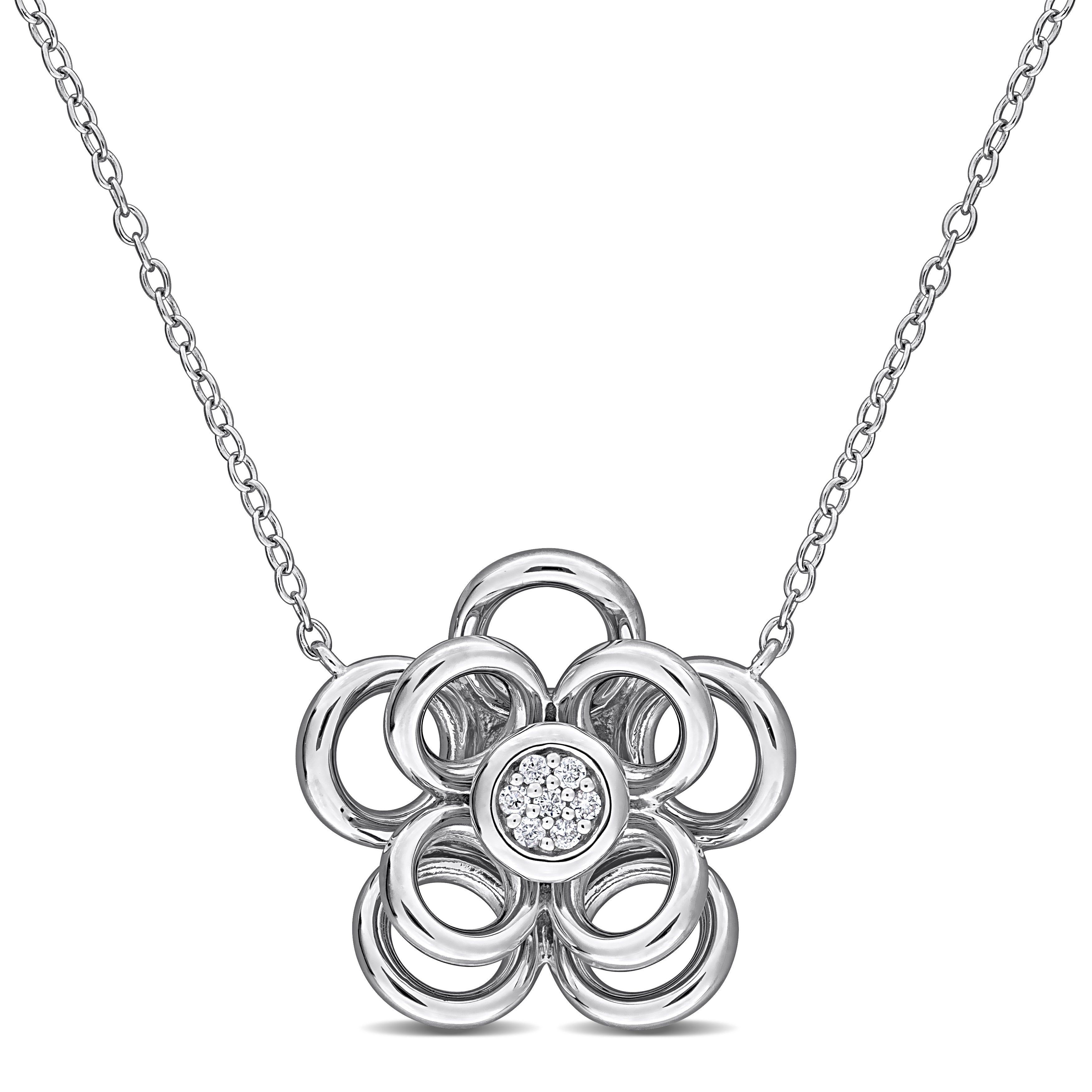 Sterling silver diamond flower pendant necklace, front view by Lord & Taylor