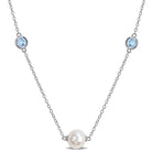 White pearl and blue topaz station necklace in sterling silver by Lord & Taylor, front view