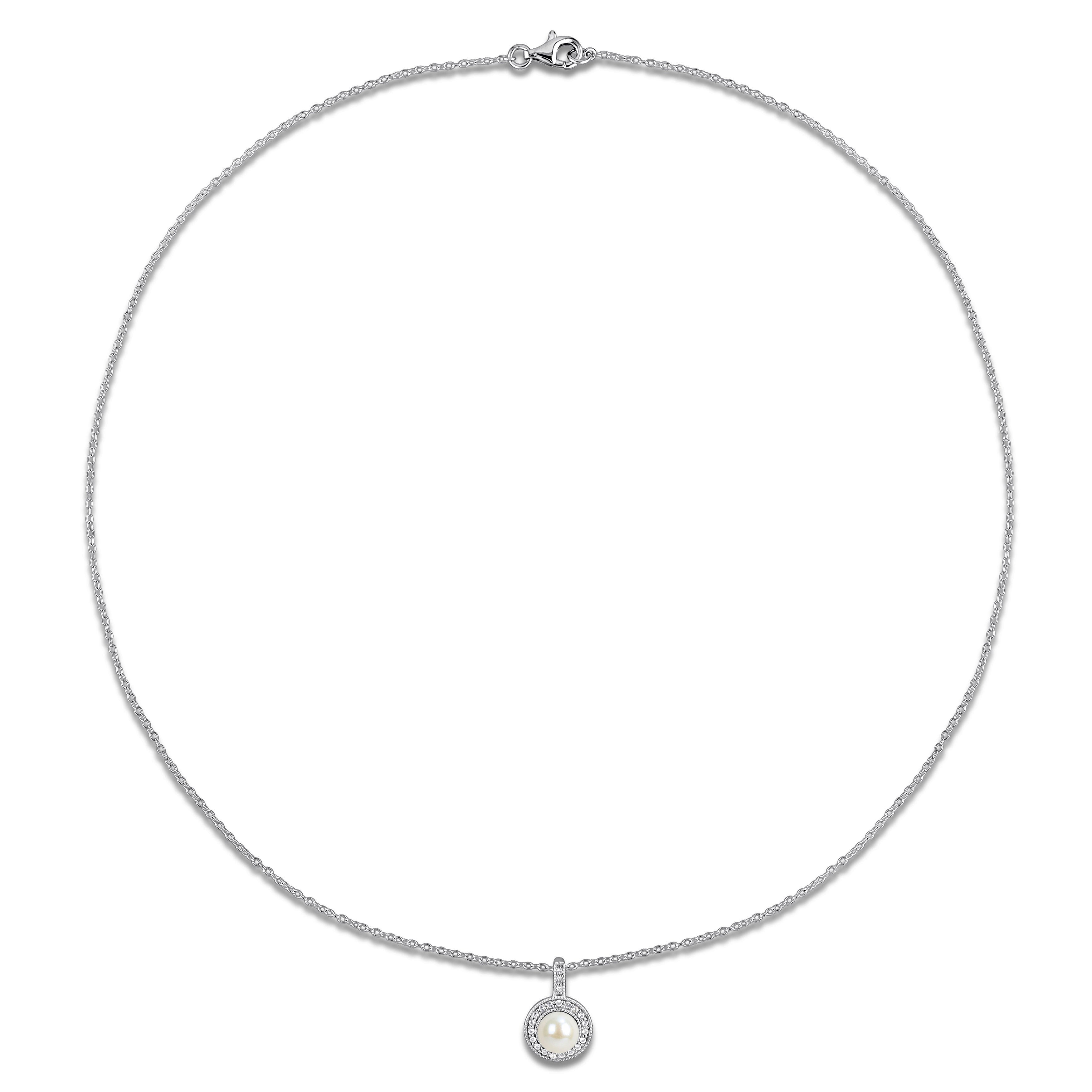 White pearl pendant necklace with topaz halo by Lord & Taylor, detail view