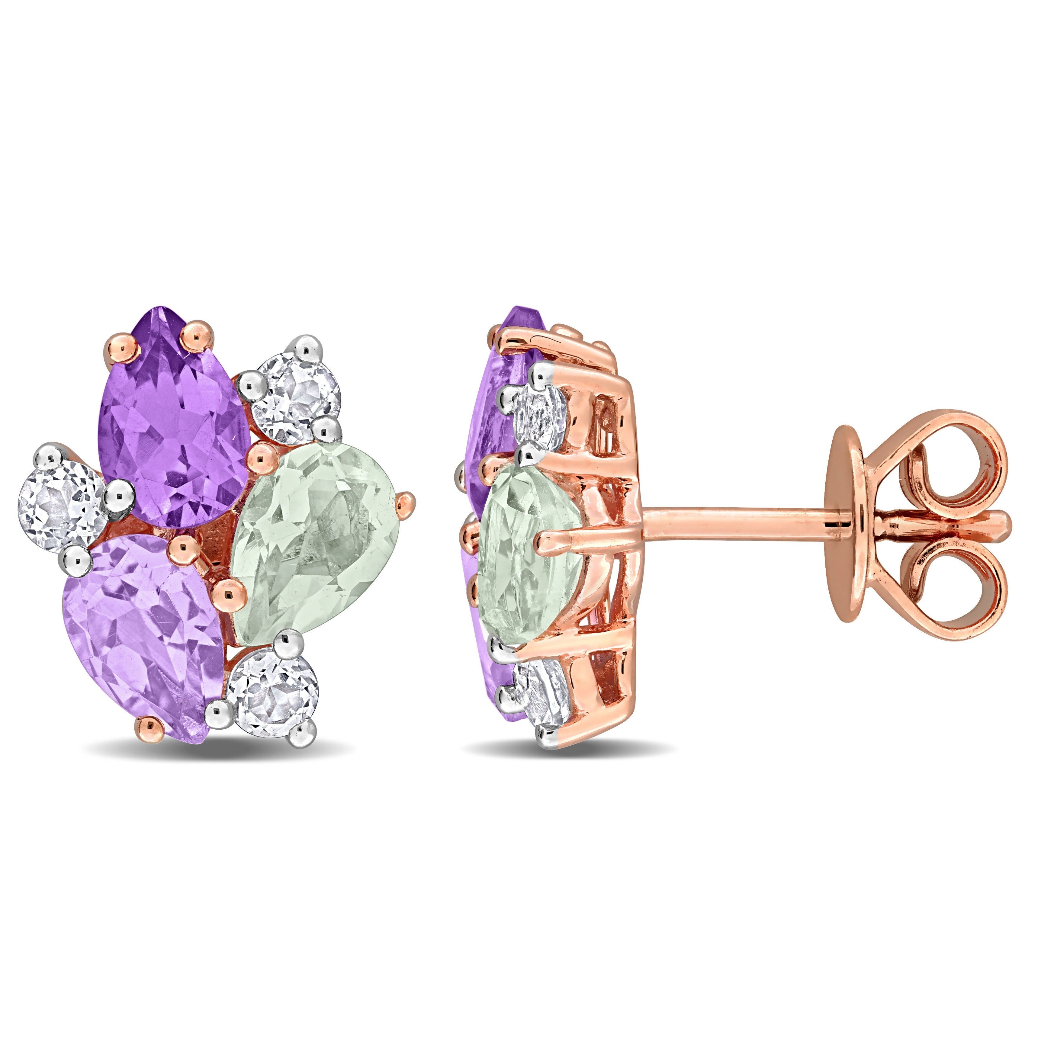 Rose gold gemstone cluster stud earrings with quartz and amethyst by Lord & Taylor, front view