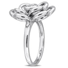 Sterling silver diamond flower ring, back view showing band