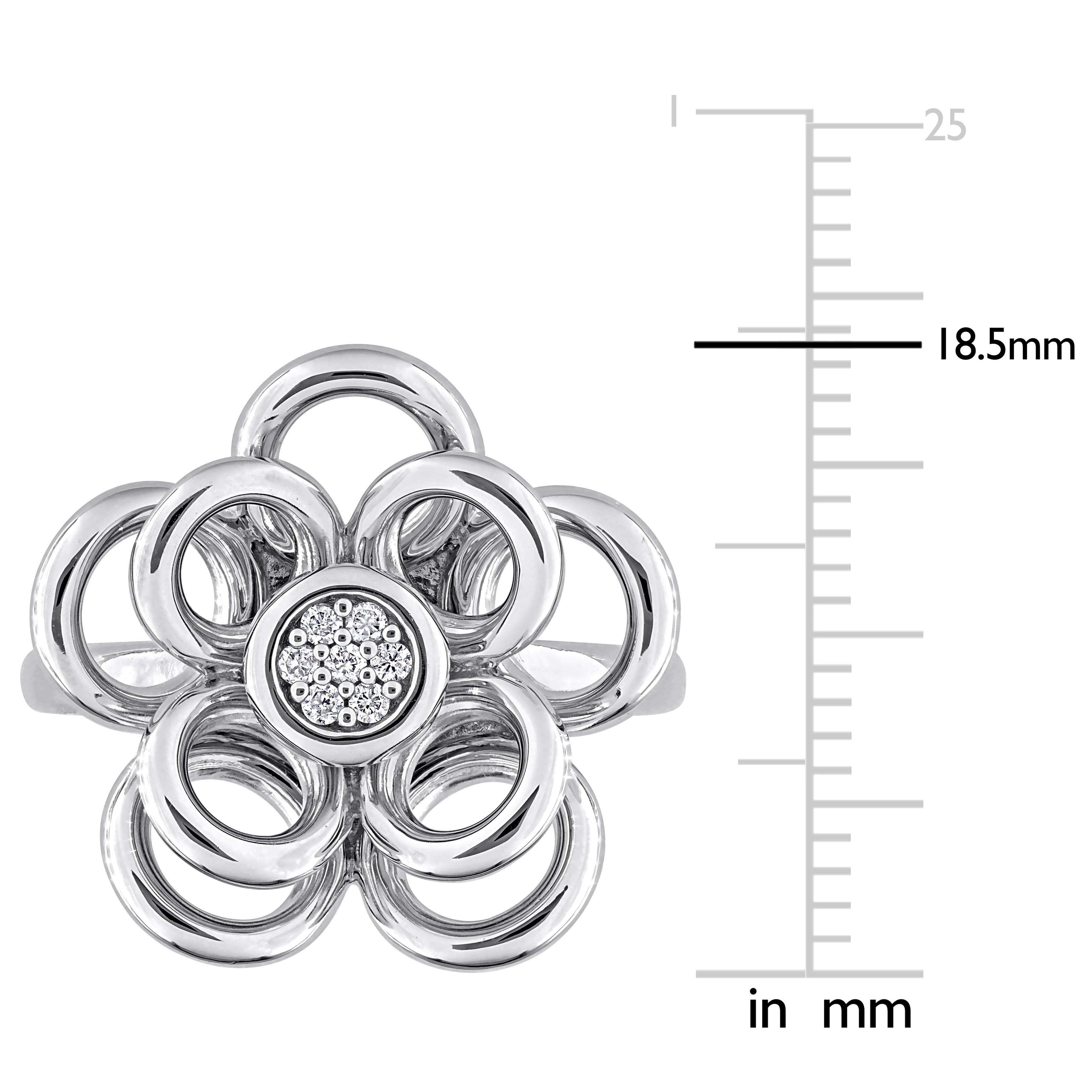 Sterling silver diamond flower ring, close-up of floral setting with round diamonds