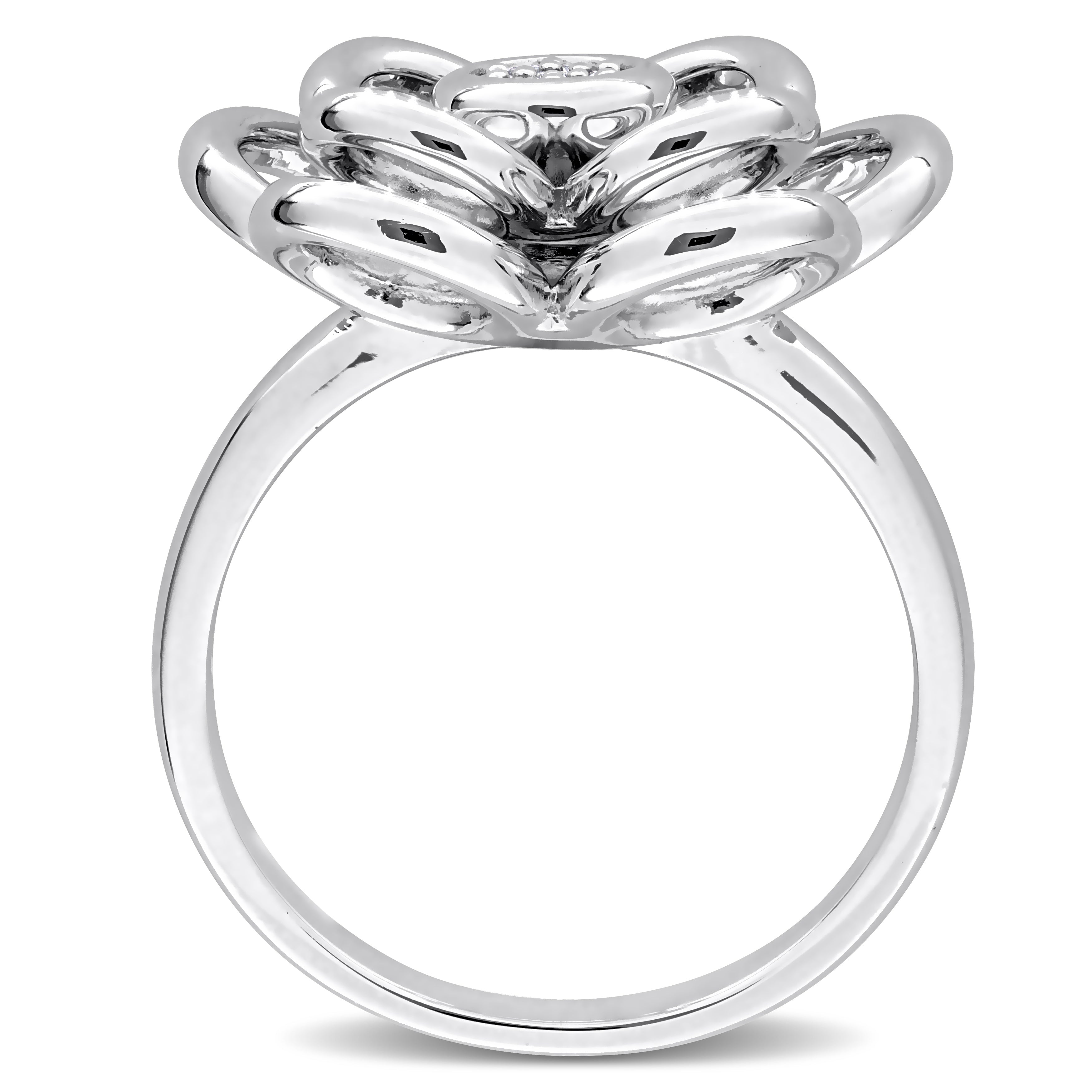 Sterling silver diamond flower ring, diagonal overhead view