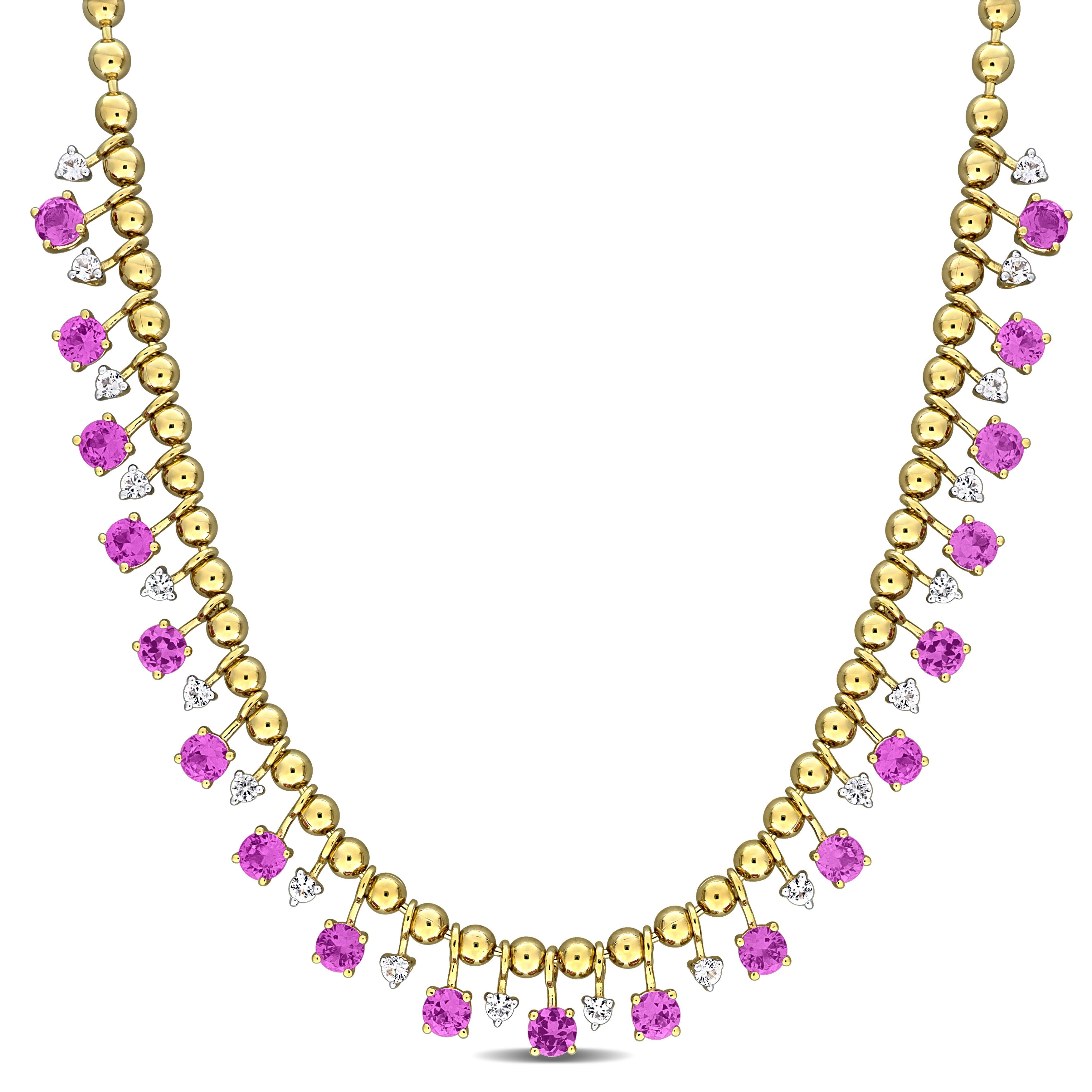 Pink and white sapphire necklace in yellow-plated sterling silver, front view by Lord & Taylor