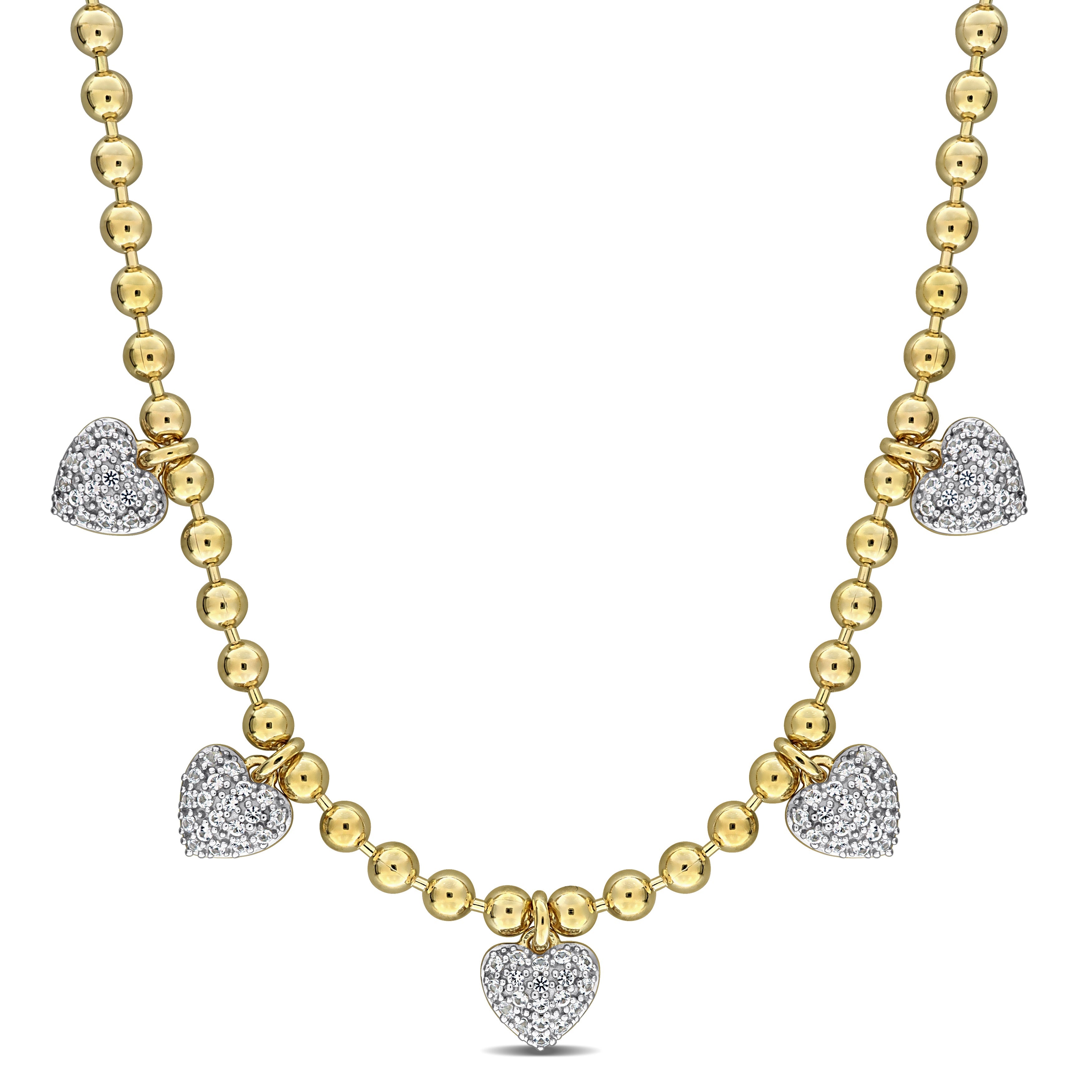 Yellow-plated sterling silver heart station necklace with white sapphires, front view by Lord & Taylor