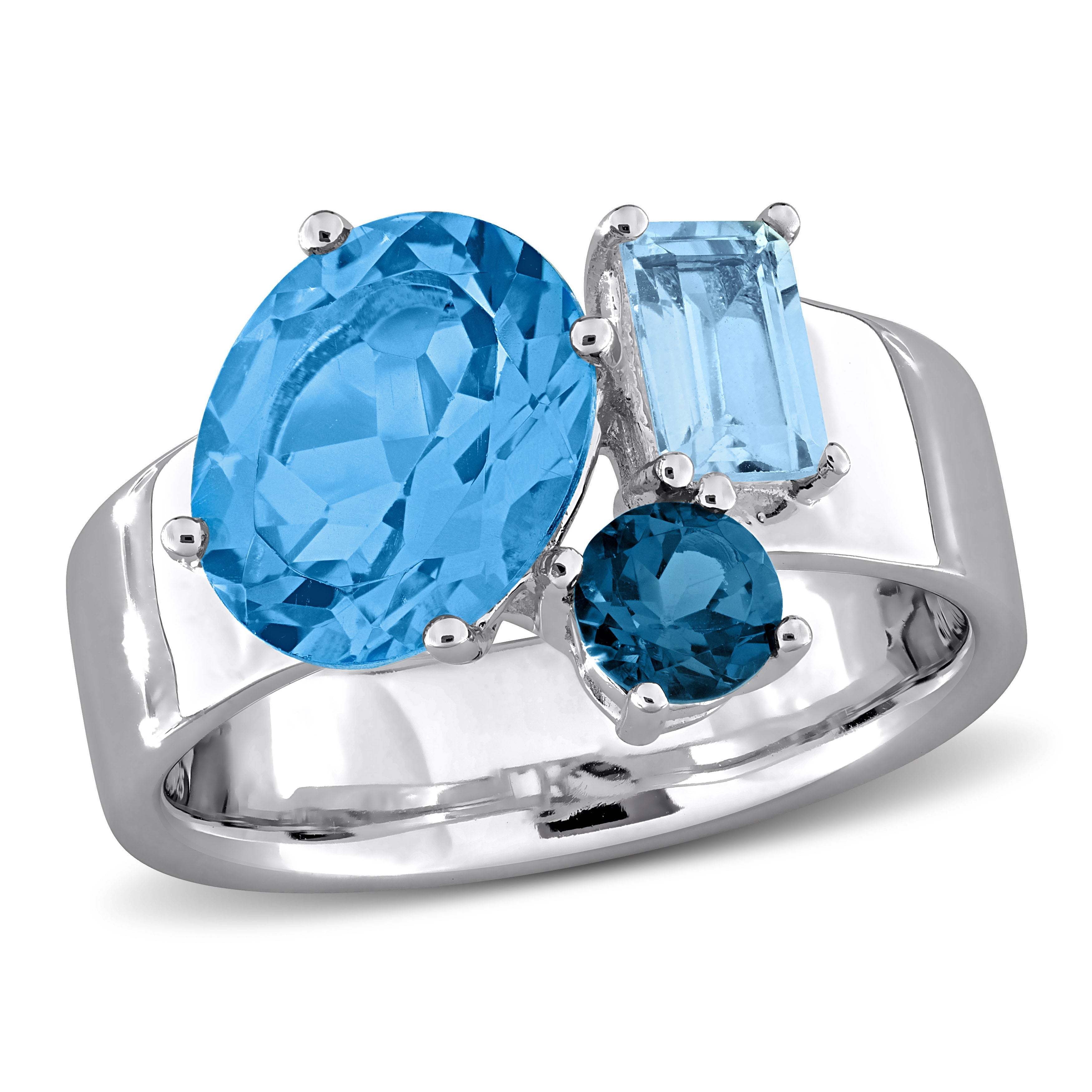 Blue topaz three-stone ring in sterling silver, front view by Lord & Taylor