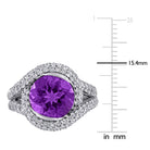 Purple amethyst round-cut gemstone with white topaz halo, close-up detail