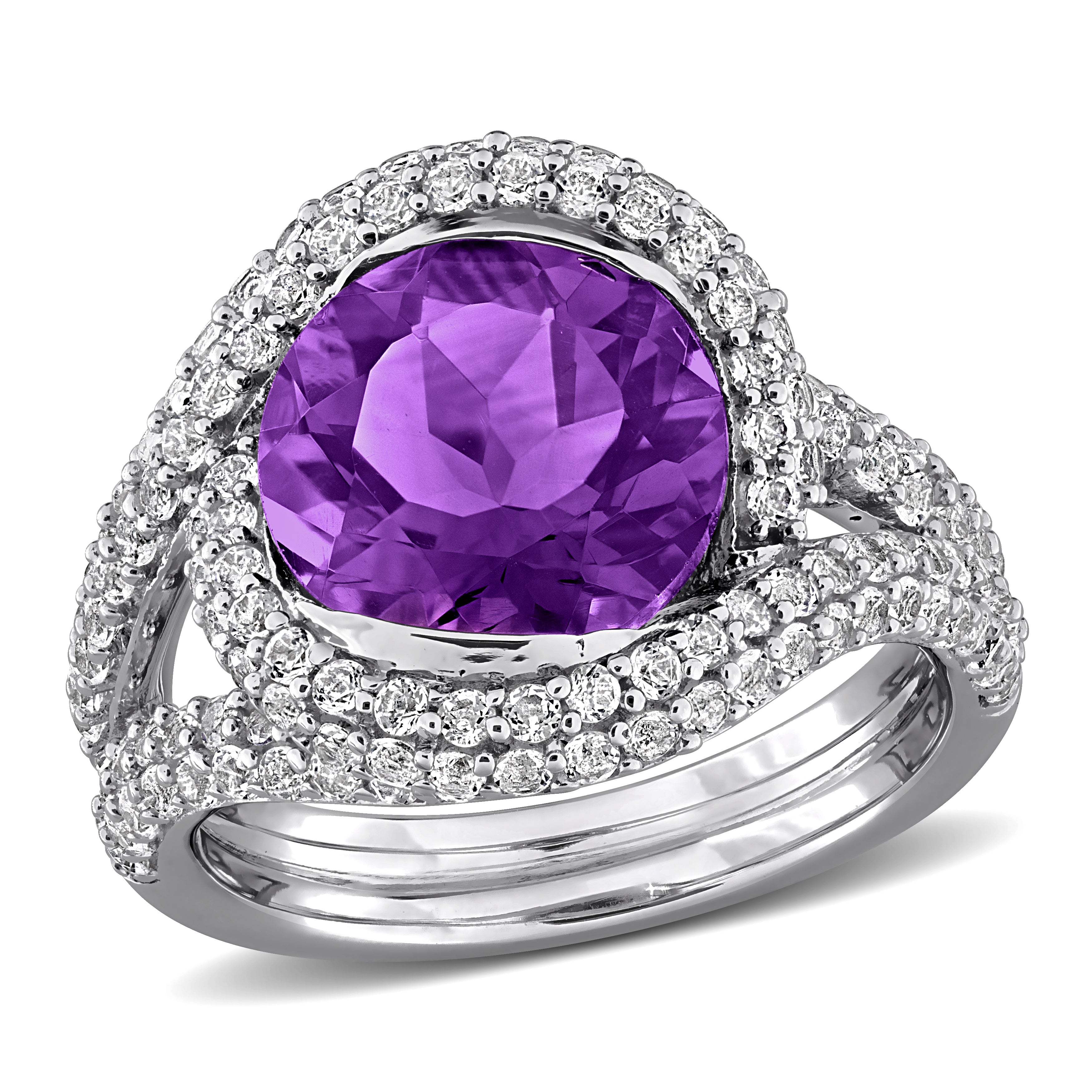 Purple amethyst crossover cocktail ring with white topaz halo by Lord & Taylor, front view