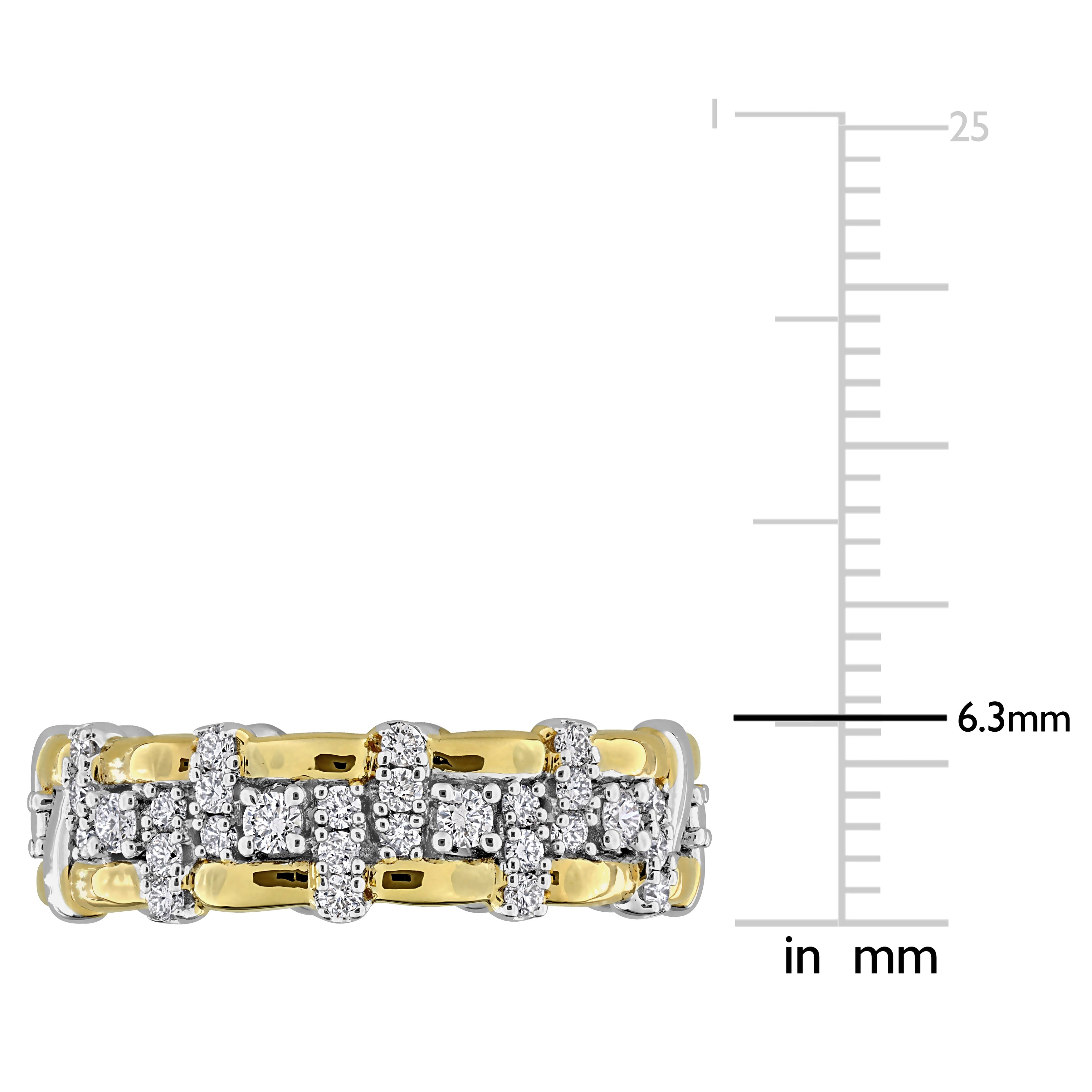 Two-tone sterling silver eternity ring showing buttercup-set diamonds, close-up by Lord & Taylor