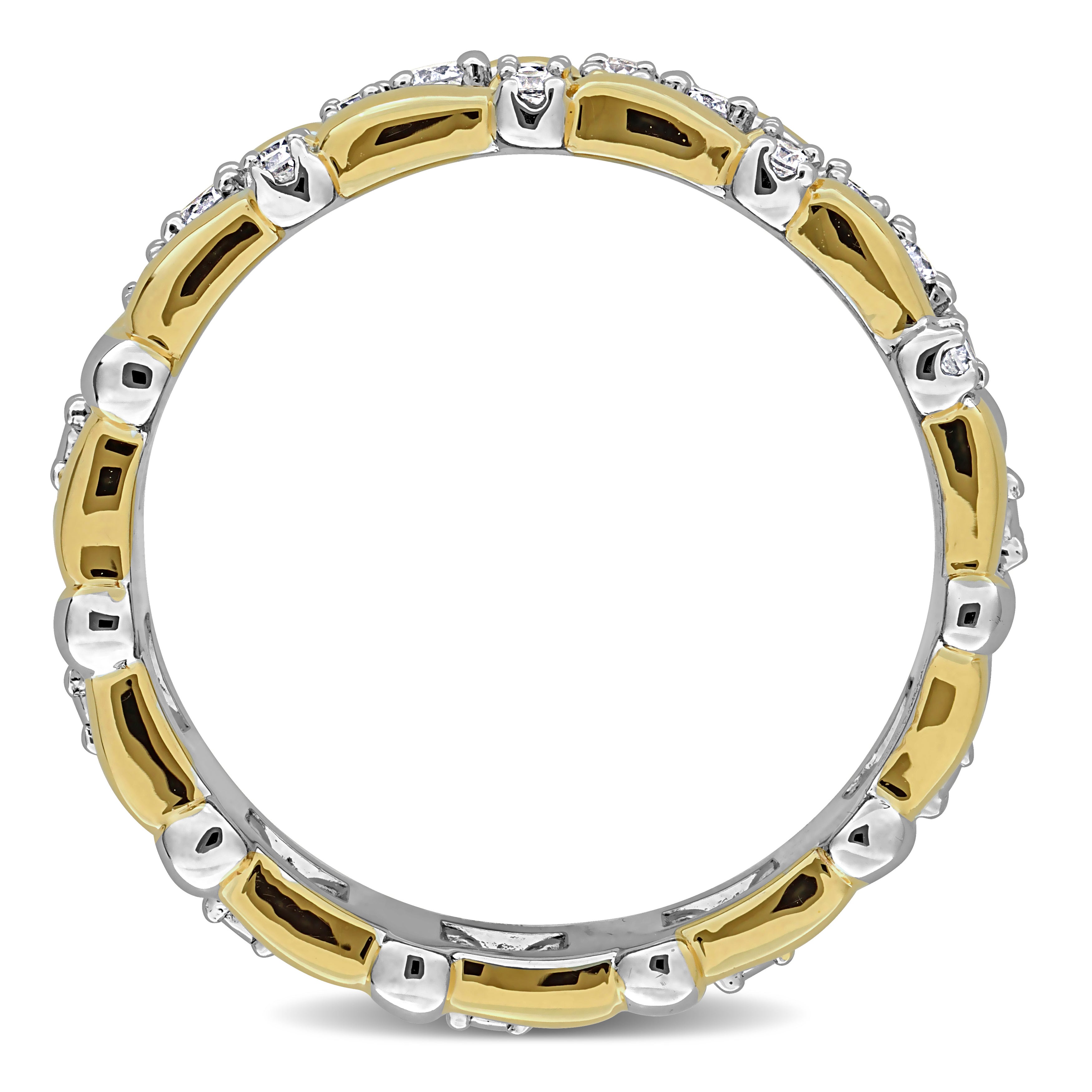 Two-tone sterling silver eternity ring with lab-grown diamonds, diagonal view by Lord & Taylor