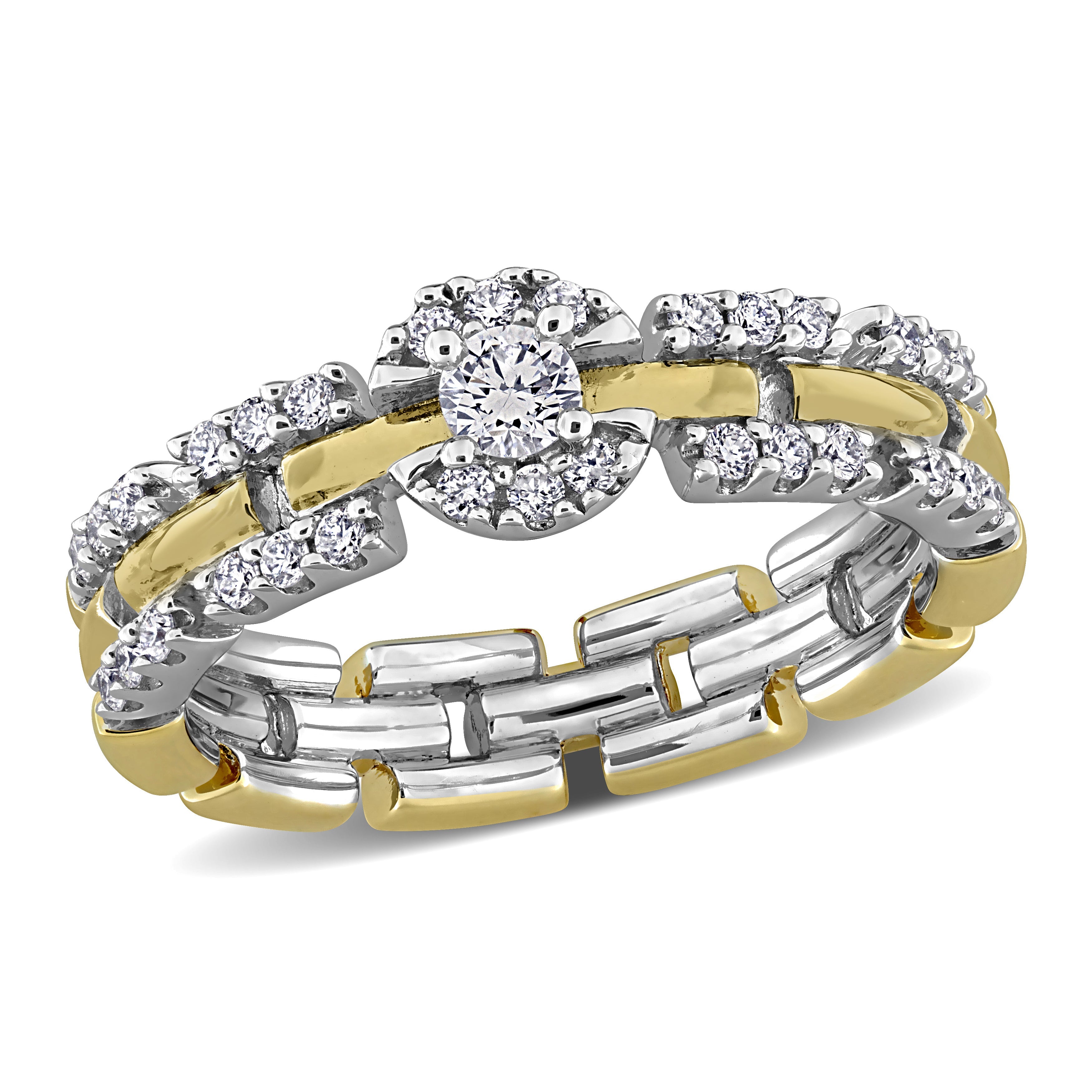 Two-tone sterling silver halo link ring with lab-grown diamonds, front view