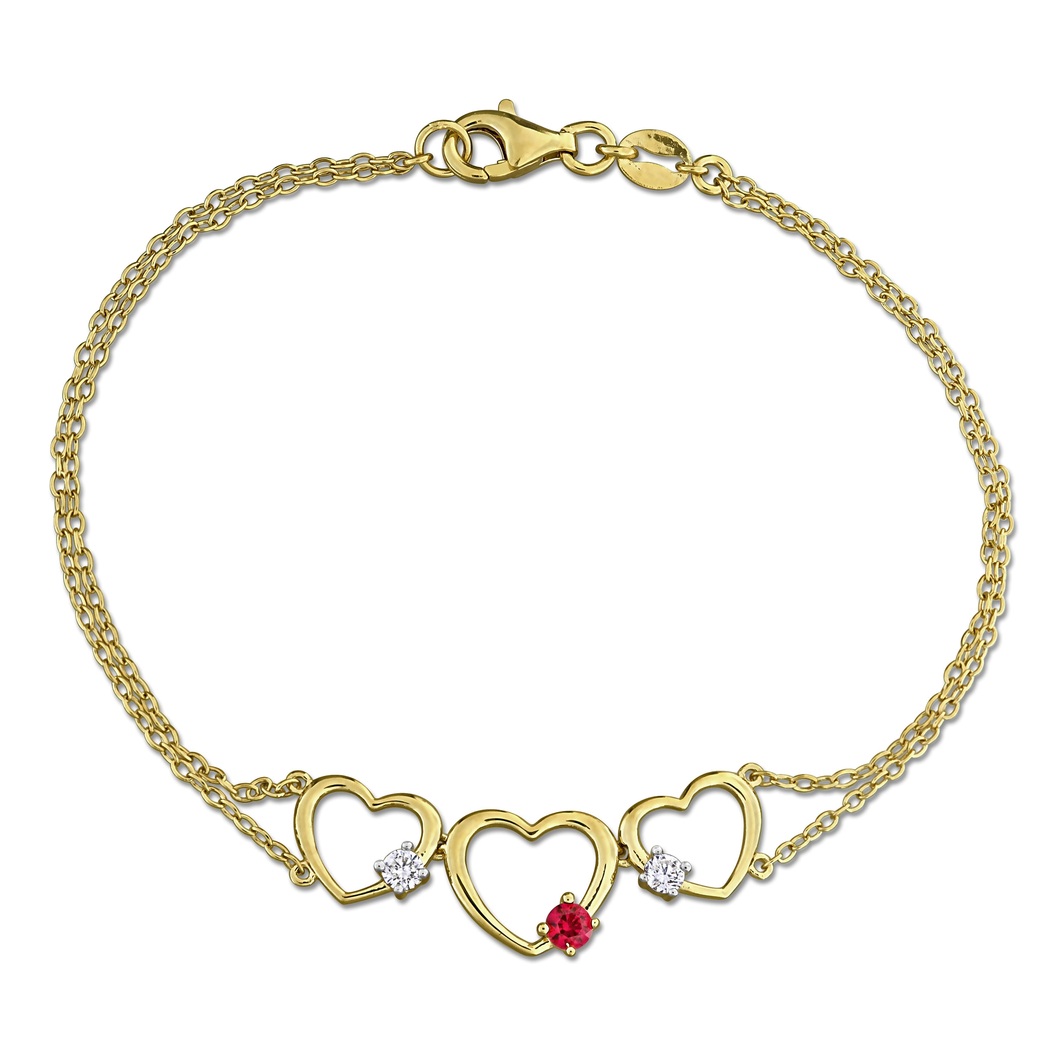 Yellow sterling silver triple heart bracelet with created rubies and diamonds, front view by Lord & Taylor