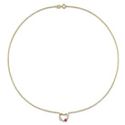 Yellow gold plated open heart pendant detail showing created ruby and lab-grown diamonds