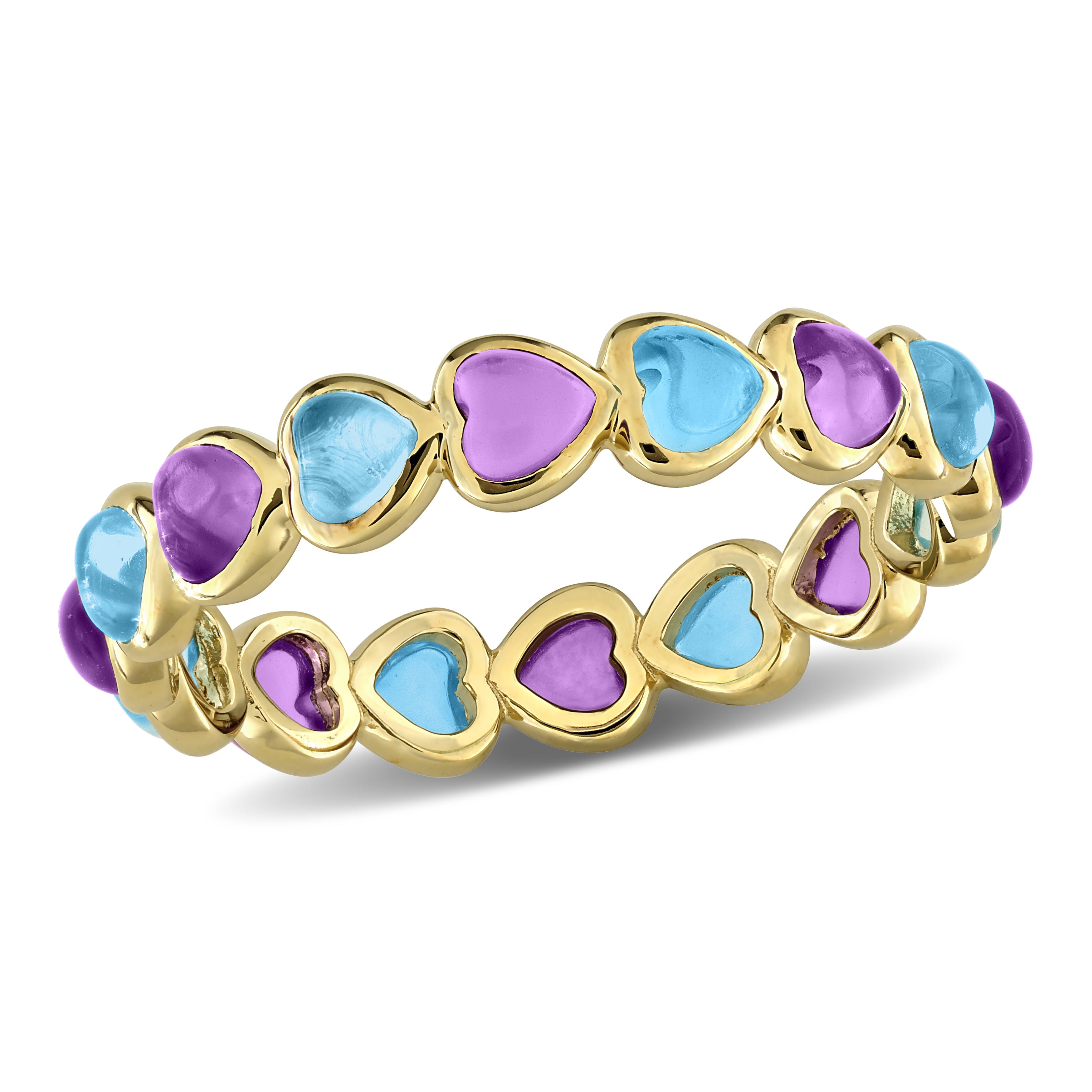 Yellow plated sterling silver heart eternity ring with amethyst and blue topaz, top view by Lord & Taylor