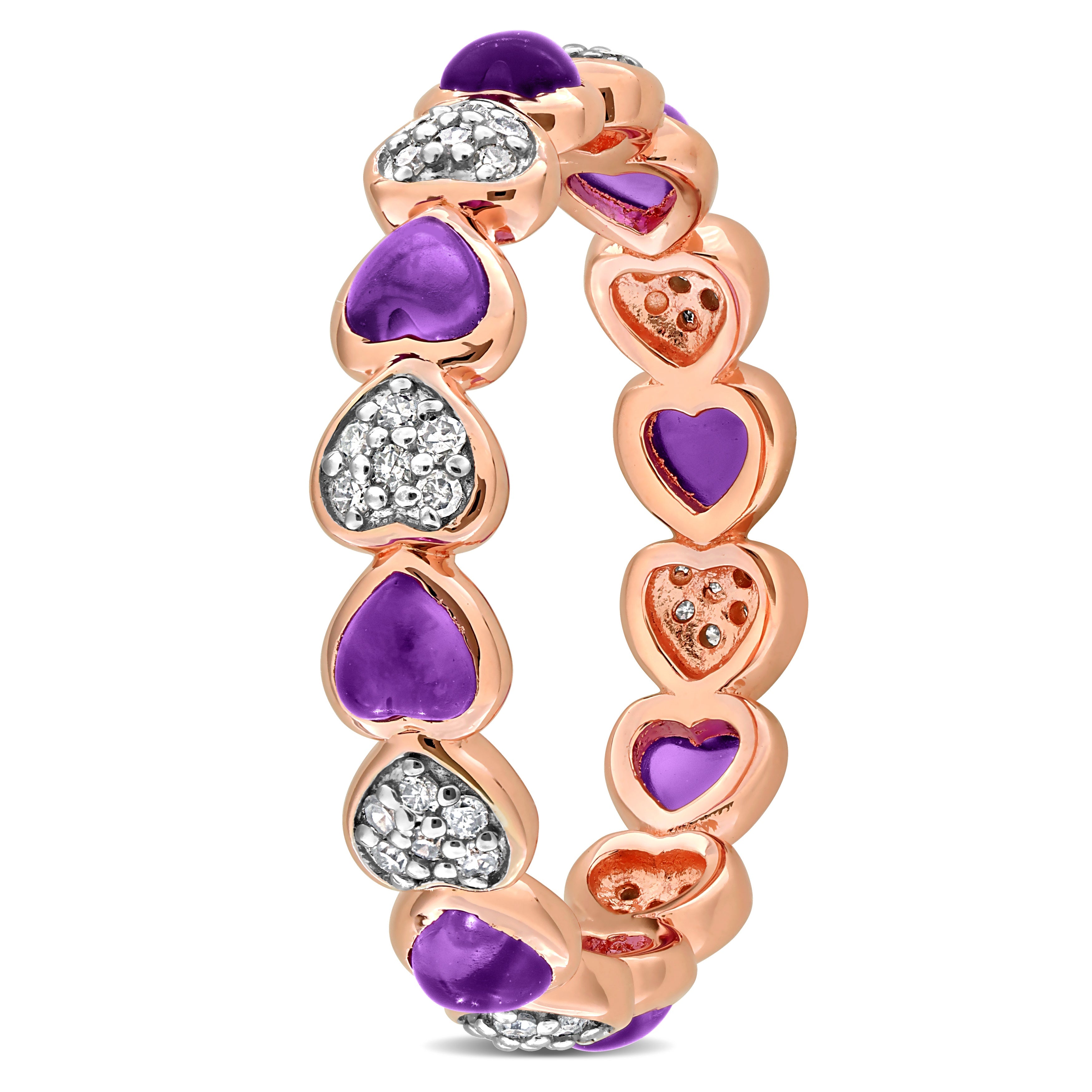Rose gold plated heart eternity ring with amethyst stones, back view by Lord & Taylor