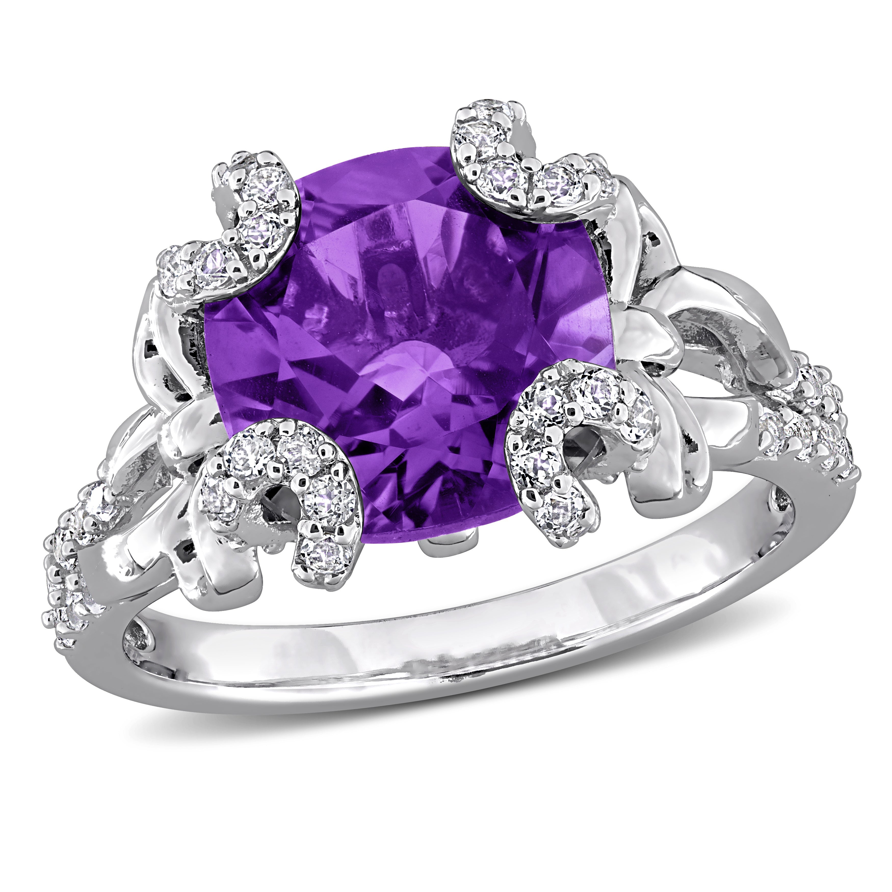 Purple amethyst cocktail ring with white topaz accents in sterling silver, top view by Lord & Taylor