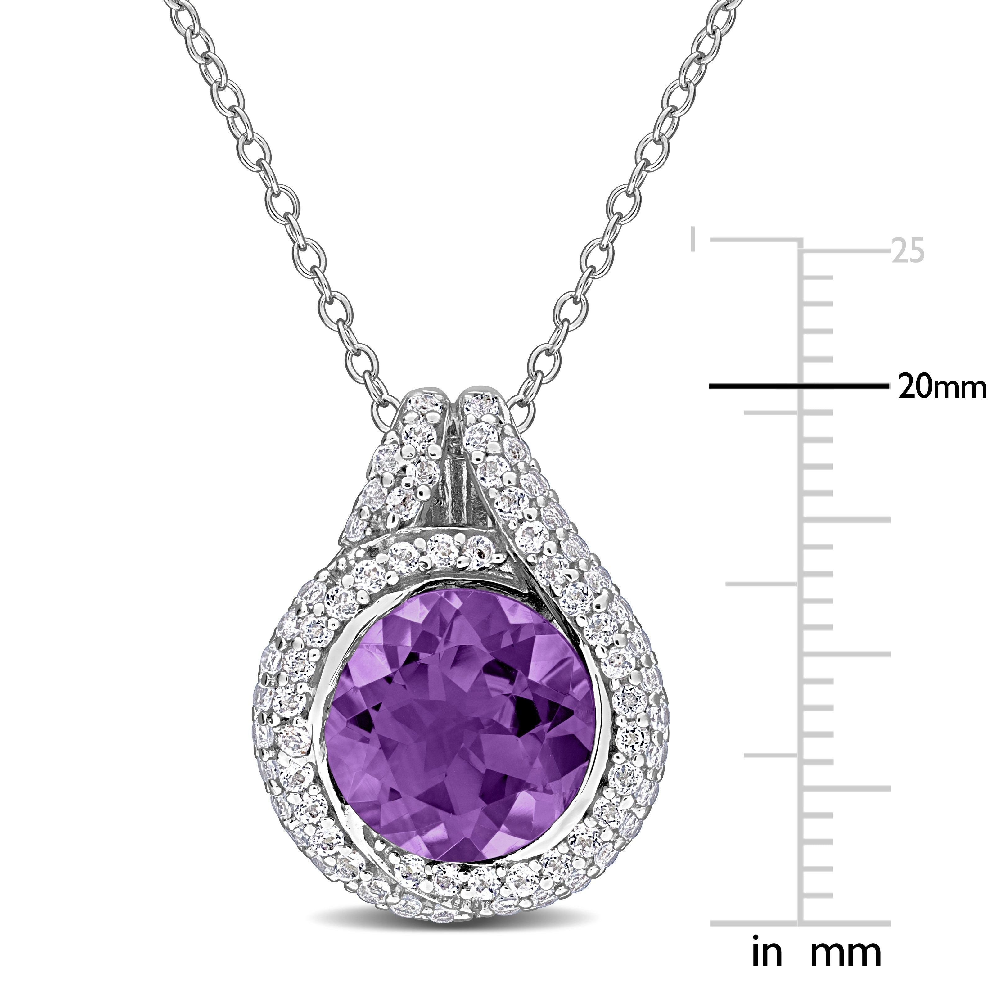 Close-up of round amethyst gemstone with white topaz halo surround
