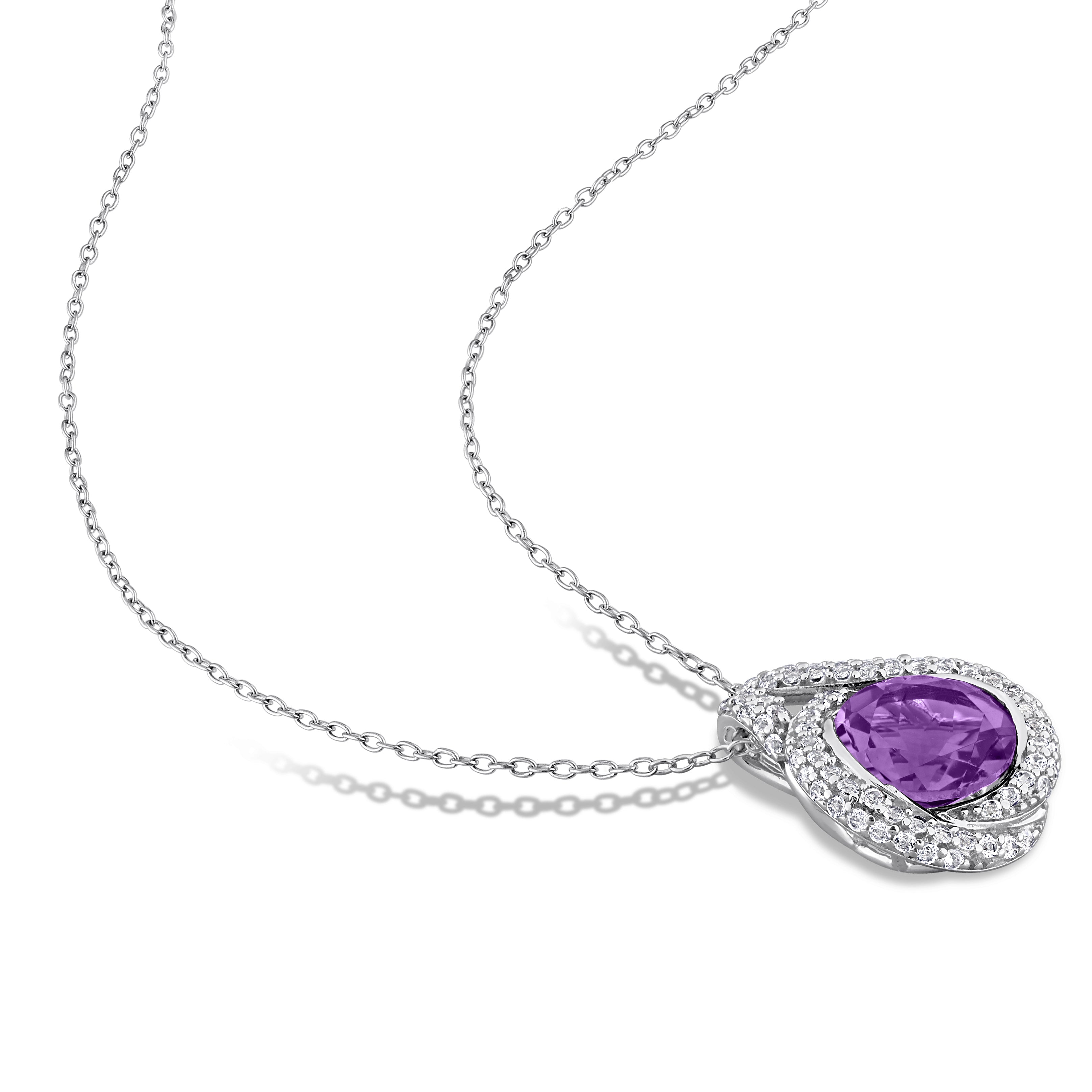 Amethyst and white topaz halo pendant necklace, detail of gemstone setting
