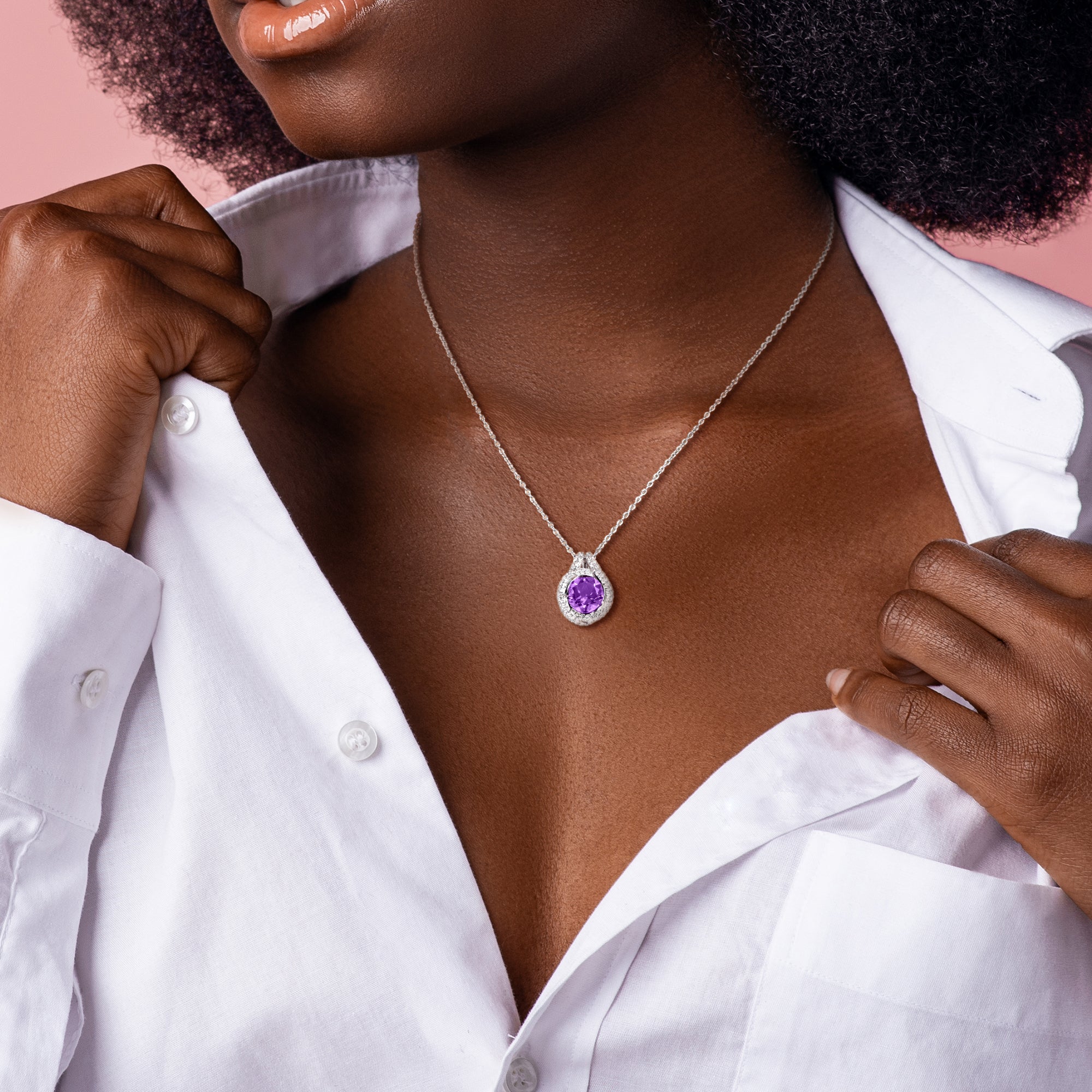 Amethyst halo pendant necklace worn on model showing 17-inch chain length