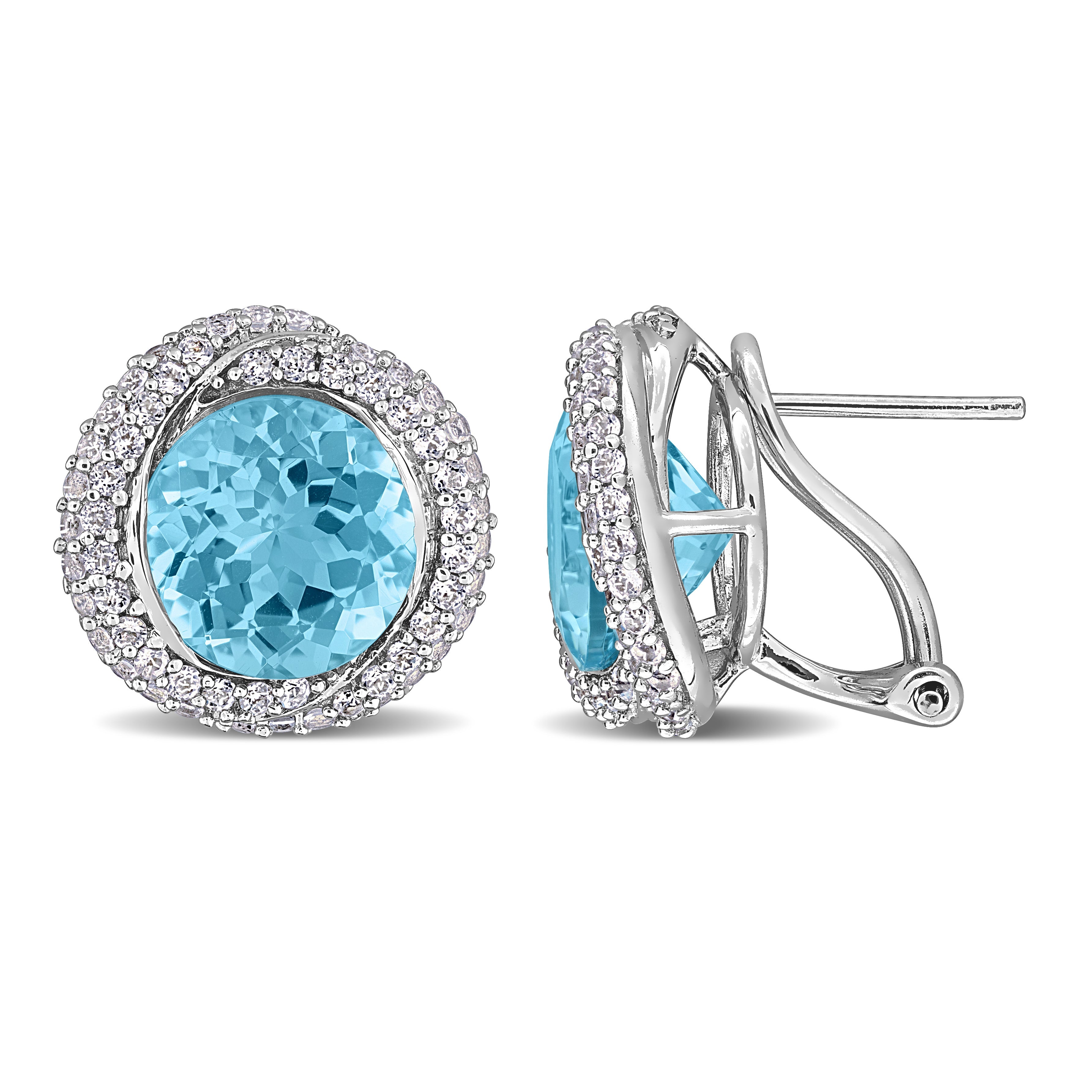 Blue topaz halo earrings in sterling silver, front view by Lord & Taylor