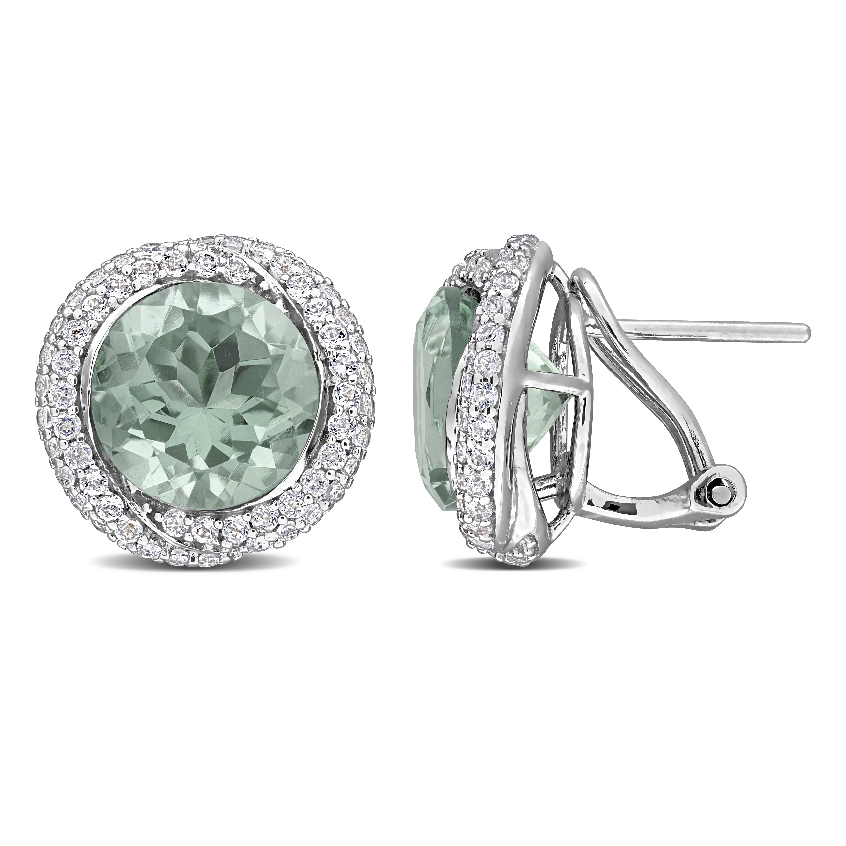 Green quartz halo earrings in sterling silver, front view by Lord & Taylor