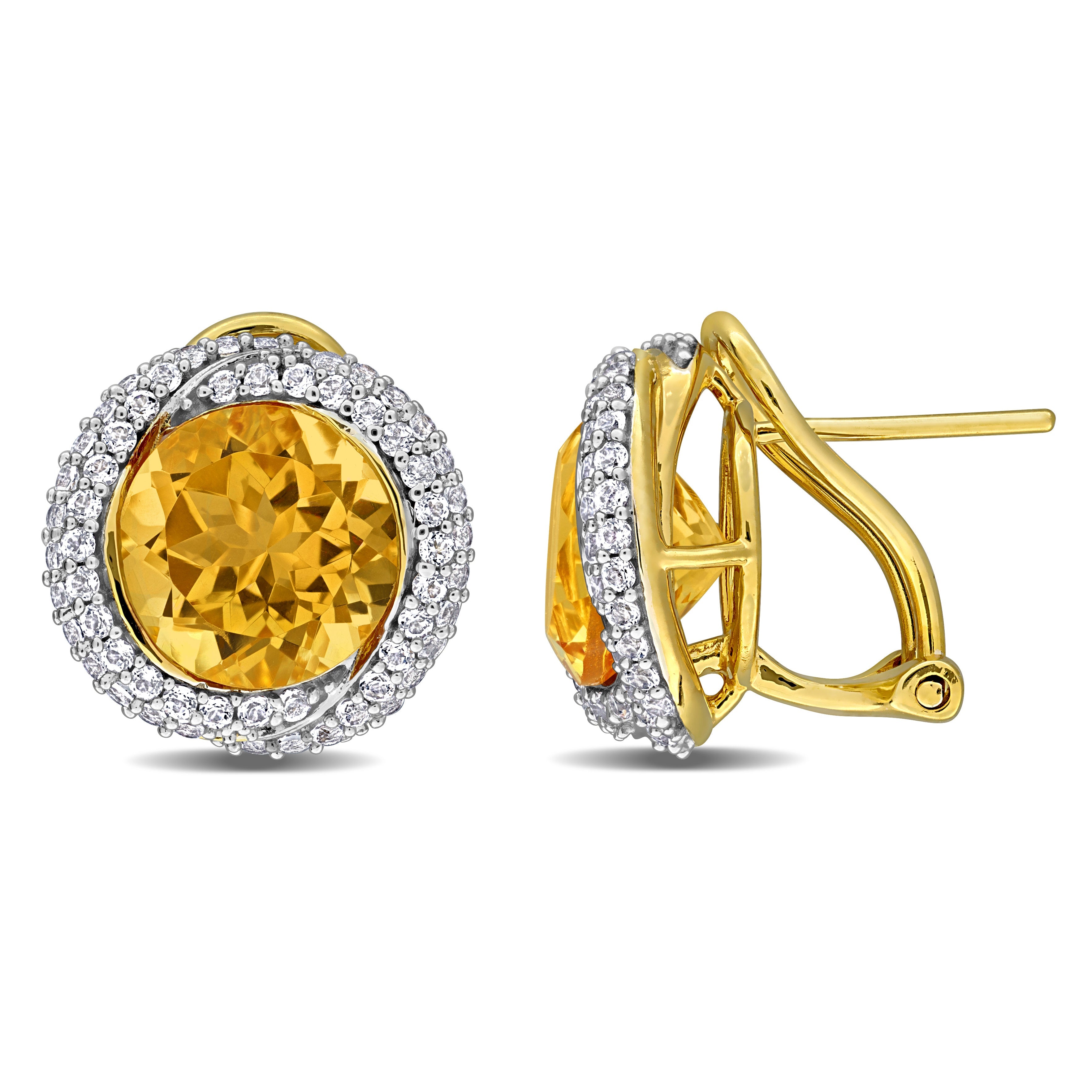 Yellow citrine halo earrings in yellow-plated silver, front view by Lord & Taylor