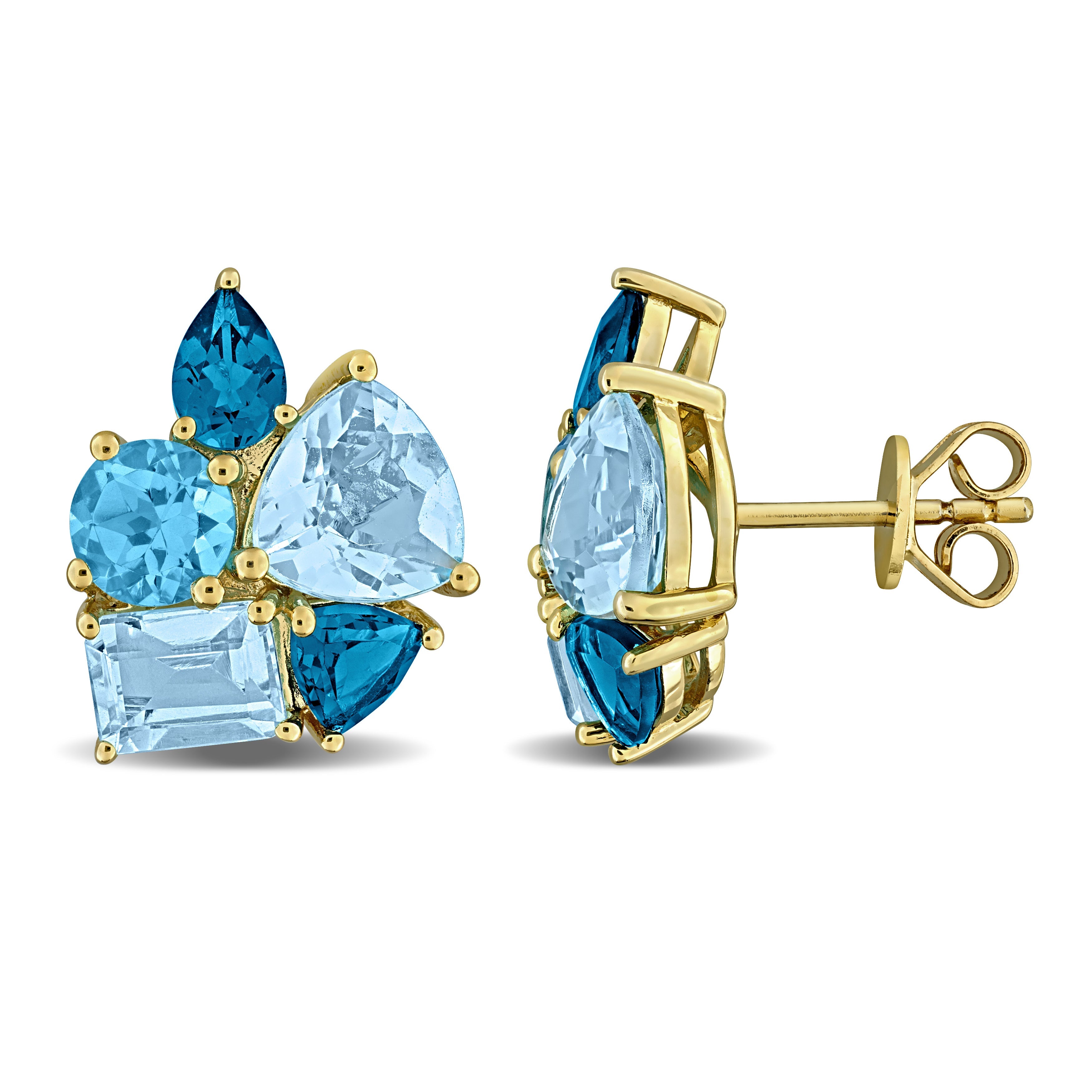 Blue topaz cluster stud earrings in yellow plated sterling silver, front view by Lord & Taylor