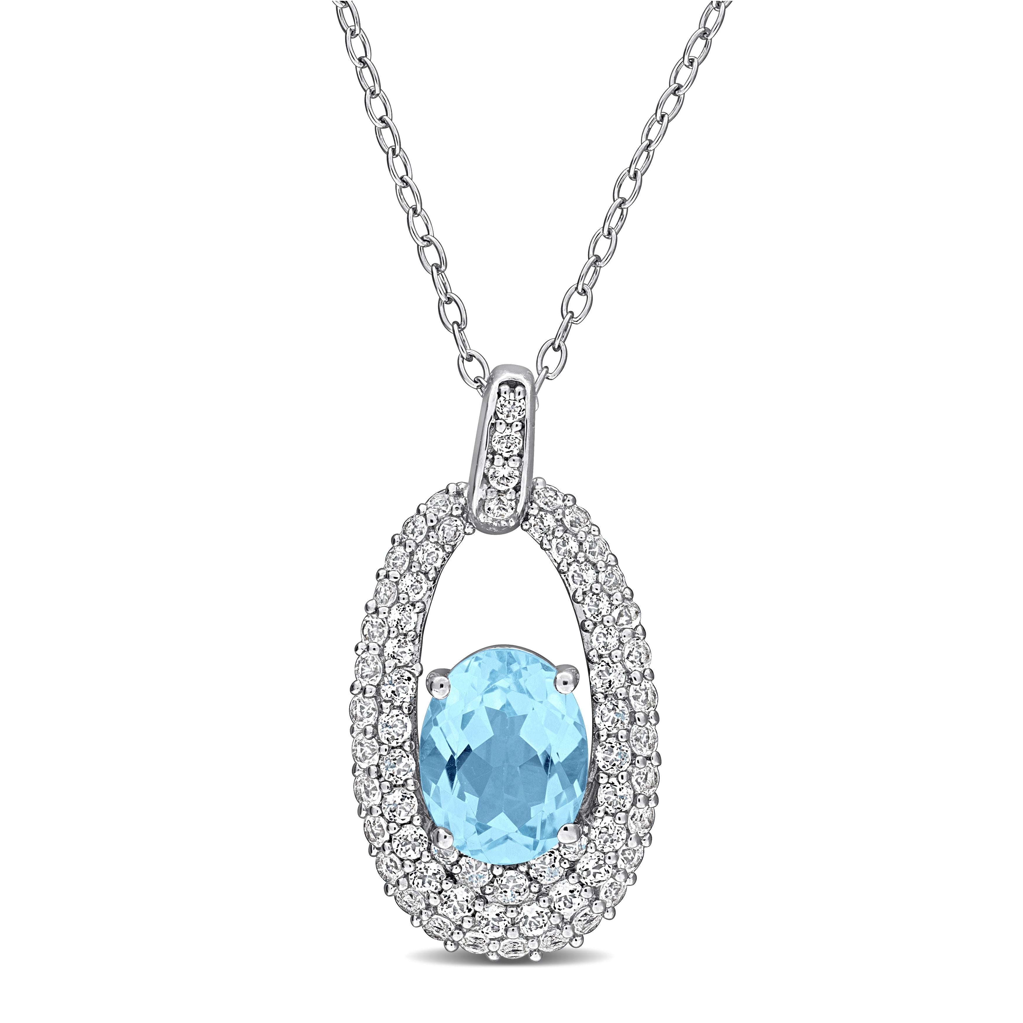 Blue topaz oval pendant necklace with white topaz accents in sterling silver, front view by Lord & Taylor